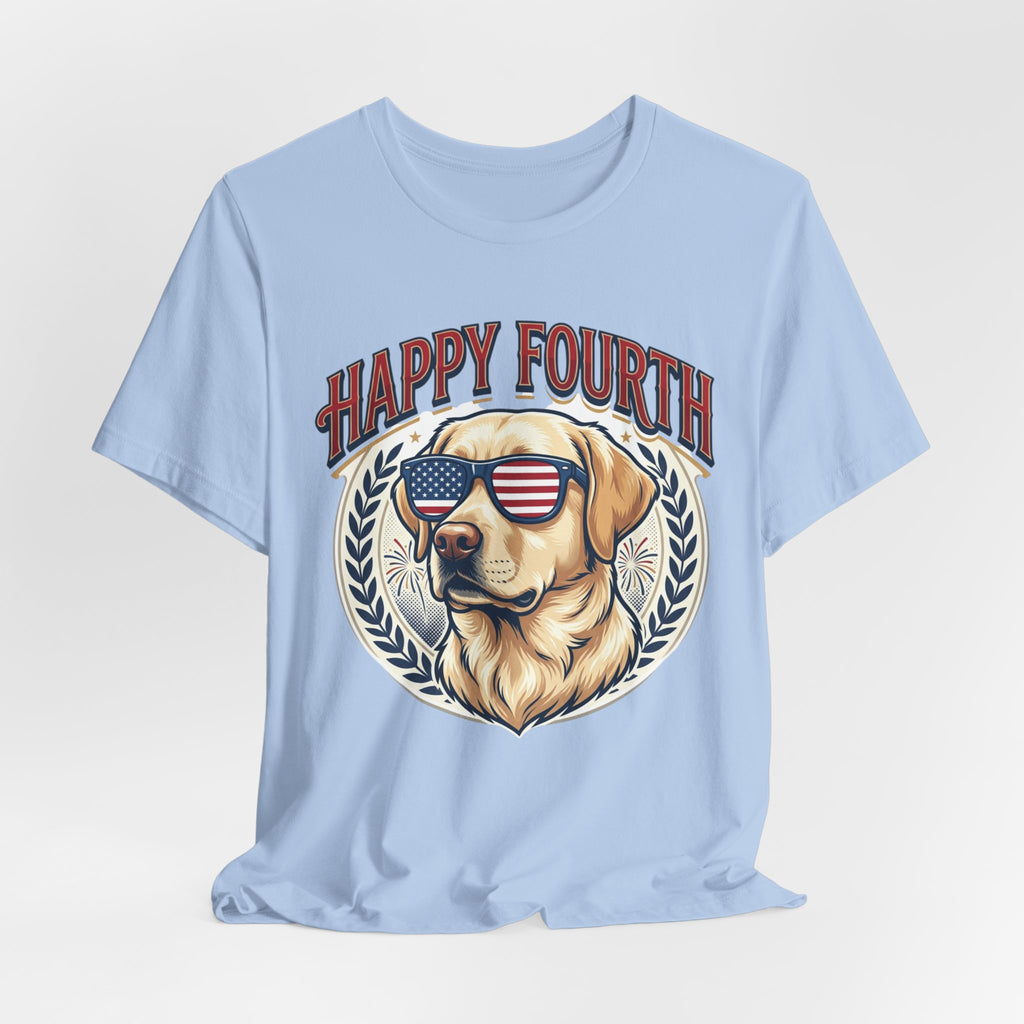 Happy Fourth Dog Sunglasses T-Shirt | Patriotic Labrador 4th of July Tee