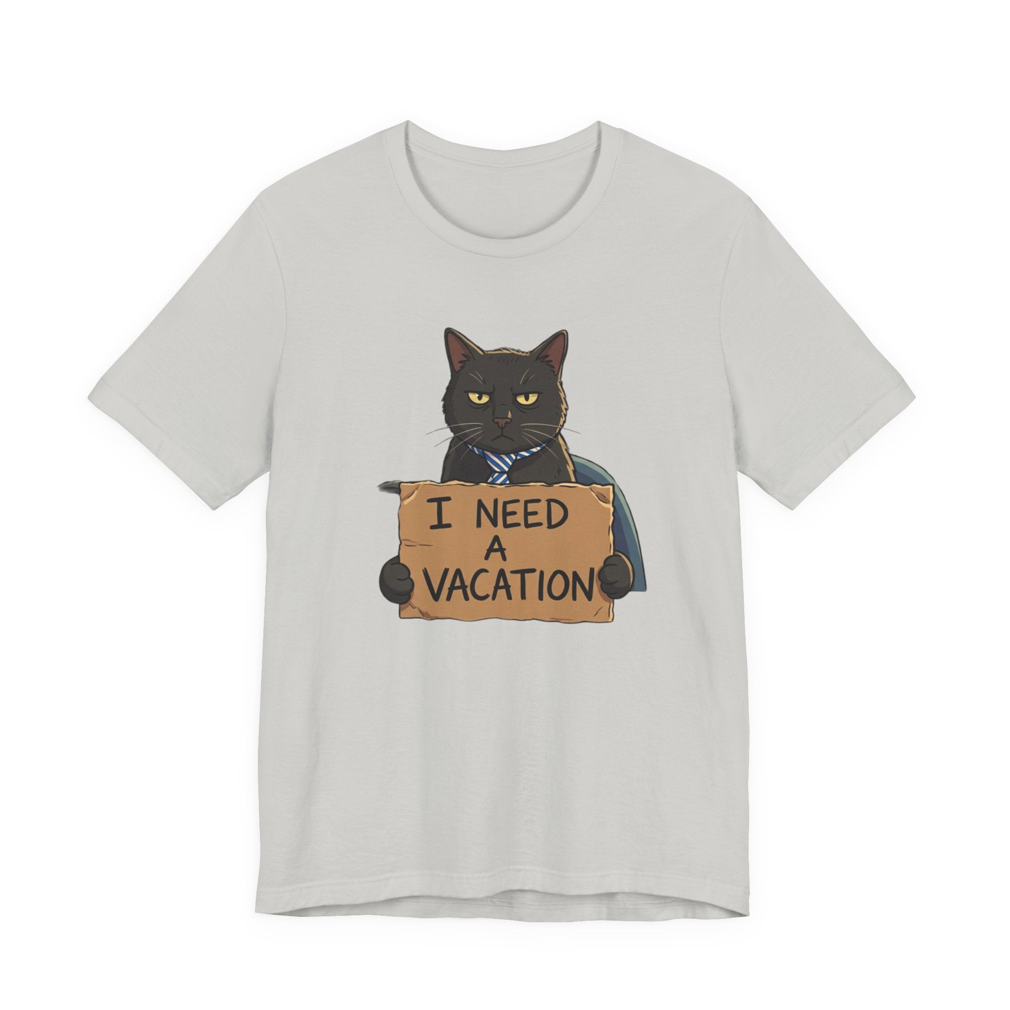 Black Cat Holding 'I Need a Vacation' Tee | Funny Cat Shirt