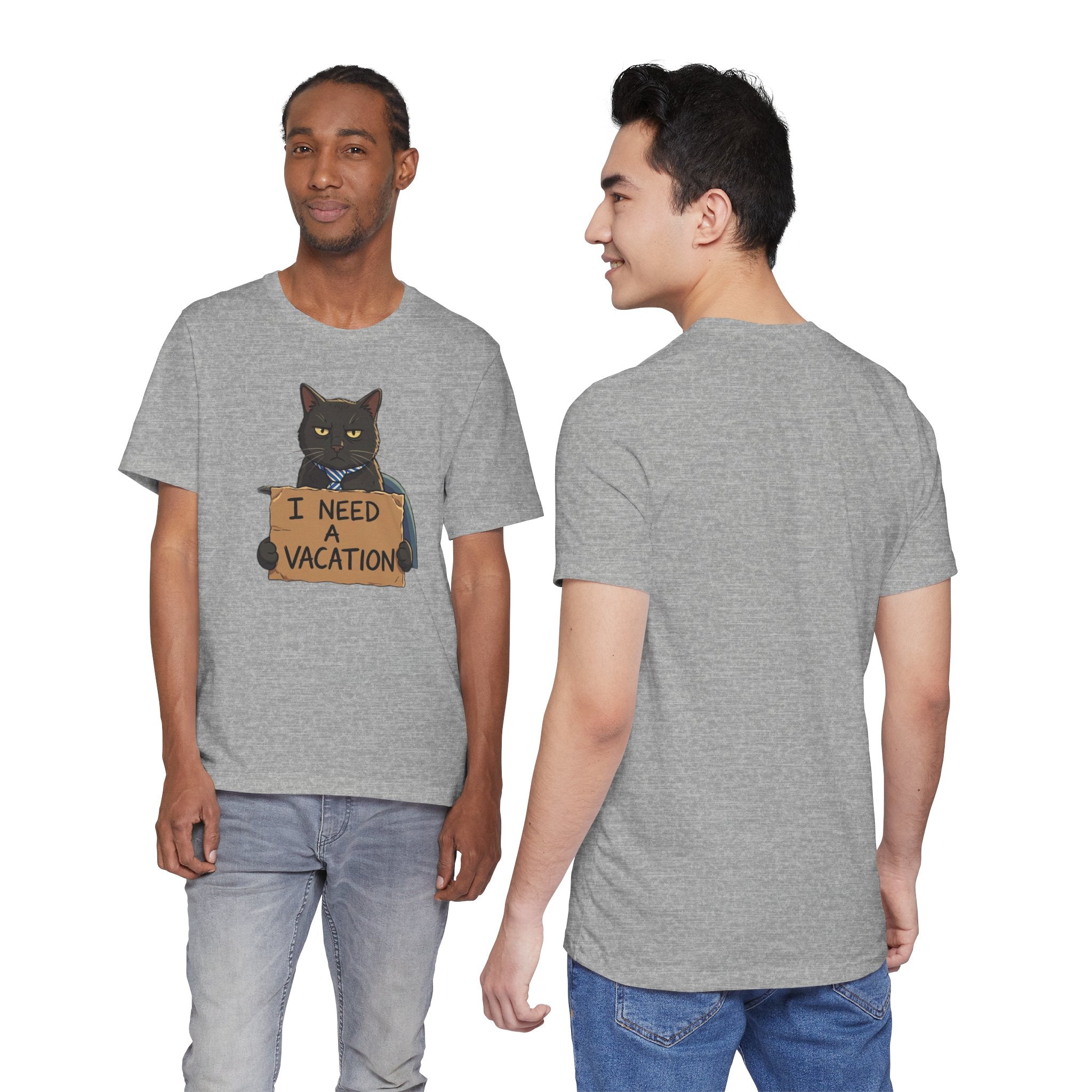 Black Cat Holding 'I Need a Vacation' Tee | Funny Cat Shirt