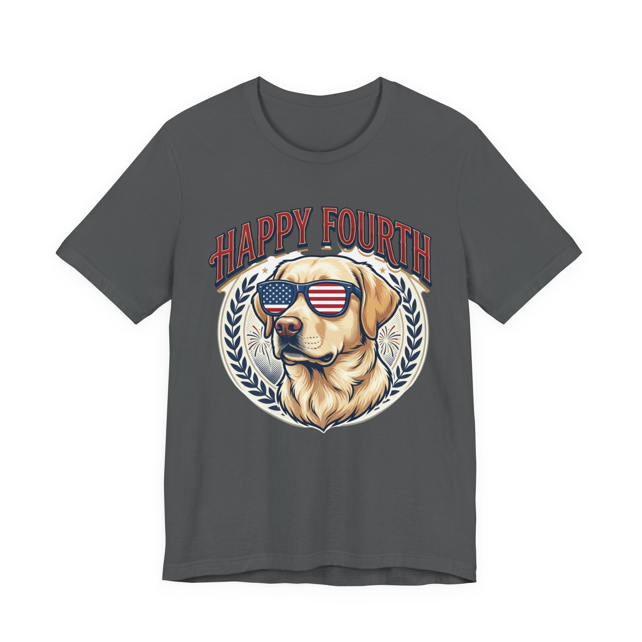 Happy Fourth Dog Sunglasses T-Shirt | Patriotic Labrador 4th of July Tee