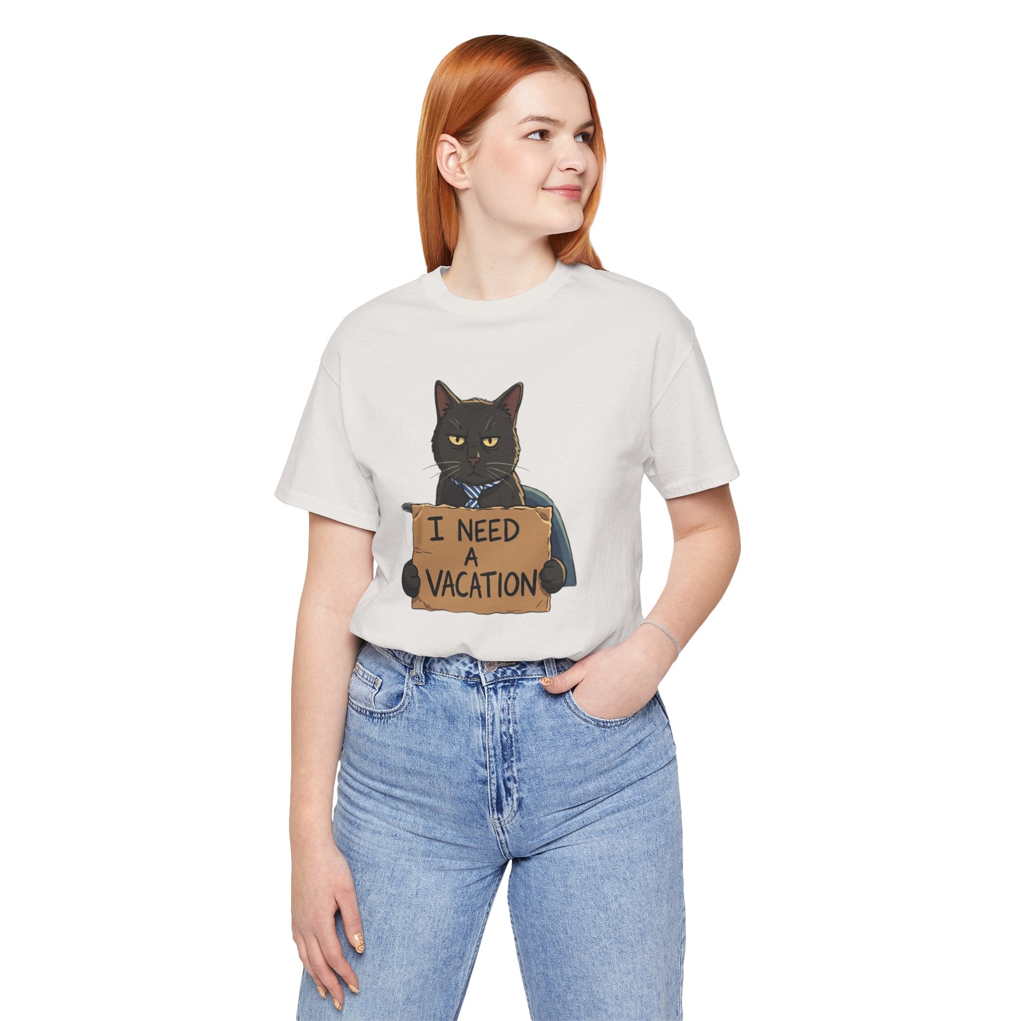 Black Cat Holding 'I Need a Vacation' Tee | Funny Cat Shirt