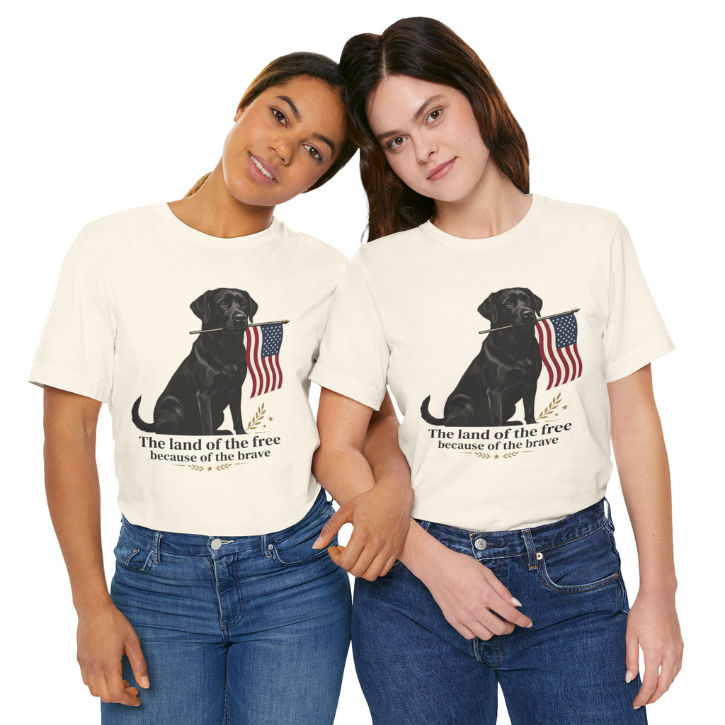 Black Labrador Holding American Flag T-Shirt | The Land of the Free Tee