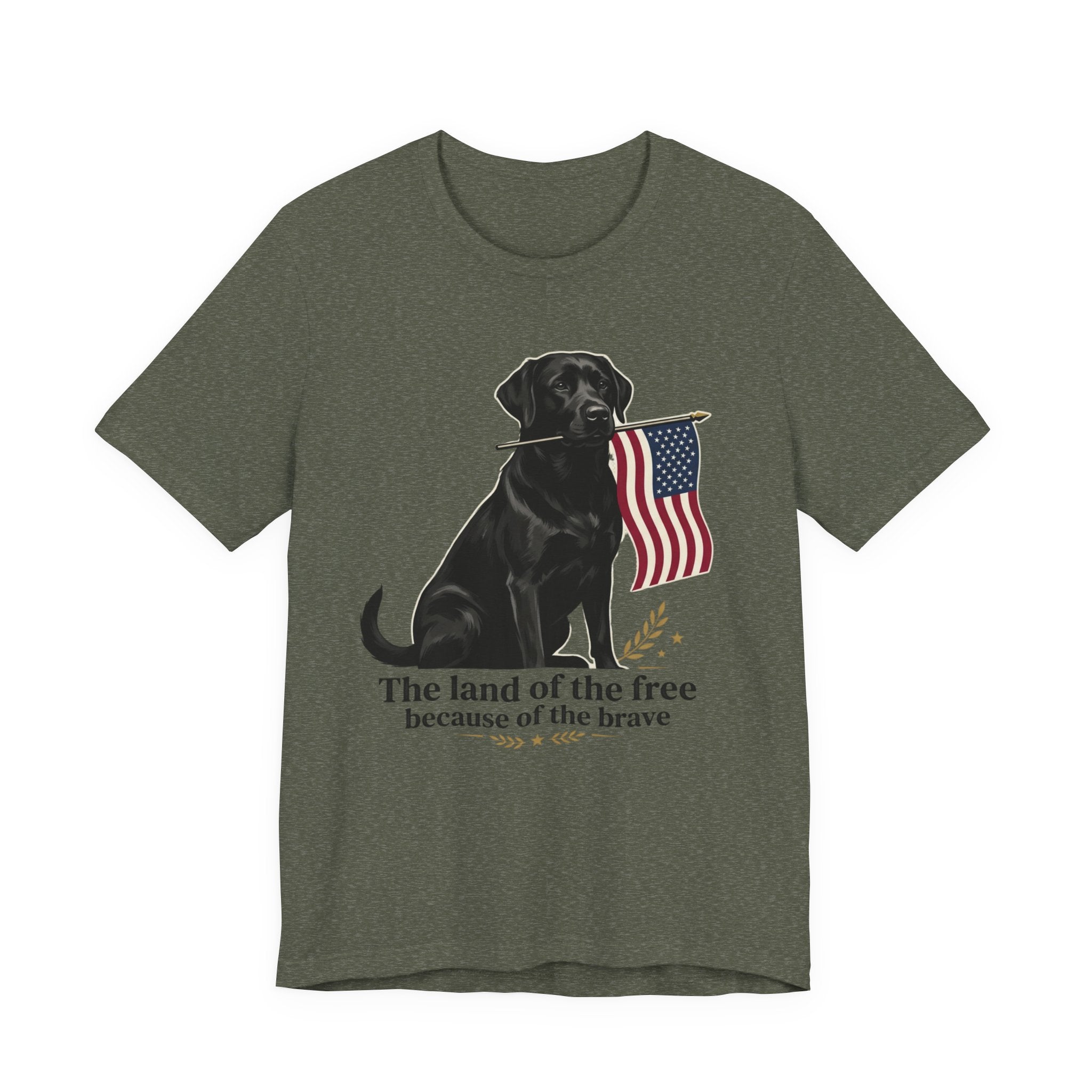 Black Labrador Holding American Flag T-Shirt | The Land of the Free Tee