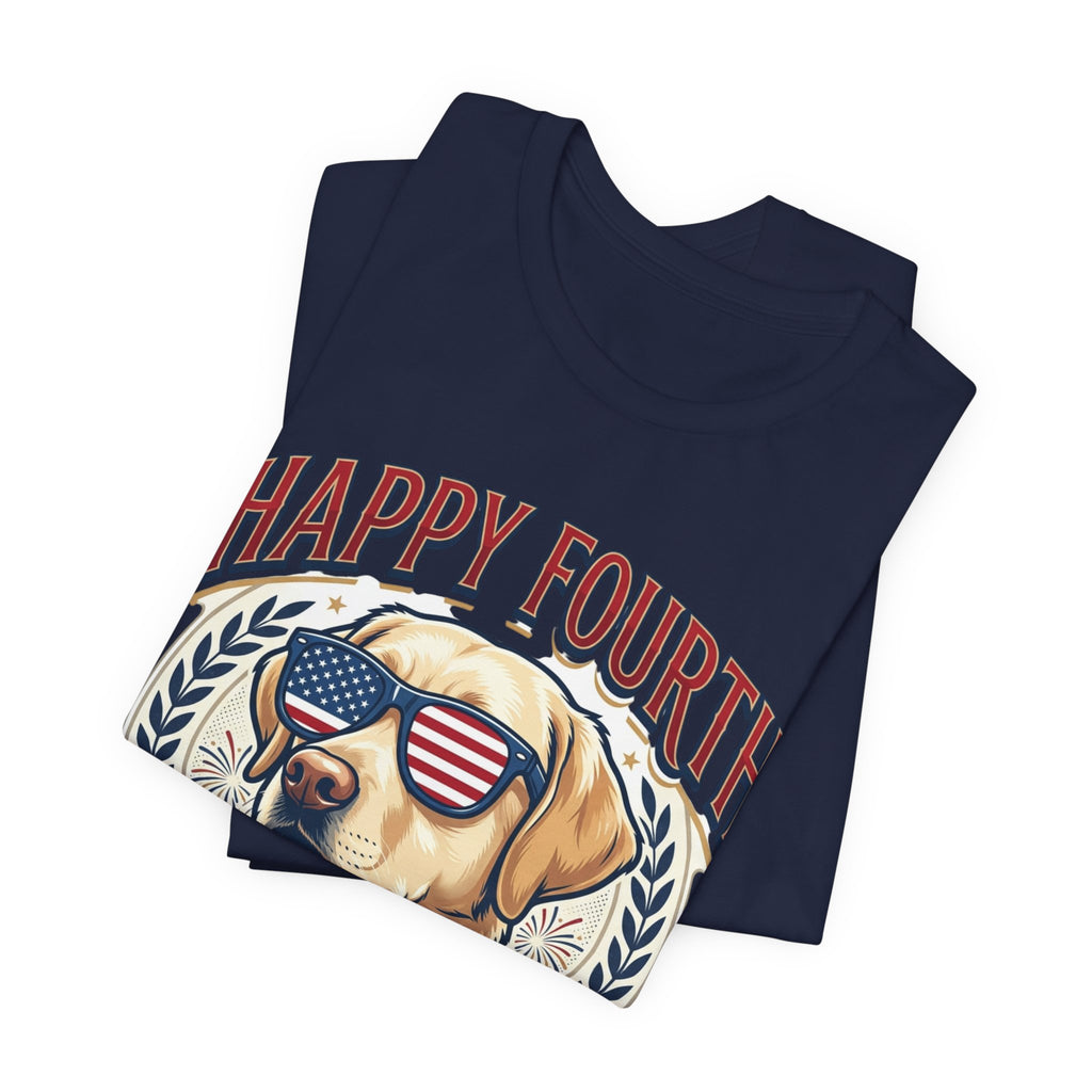 Happy Fourth Dog Sunglasses T-Shirt | Patriotic Labrador 4th of July Tee