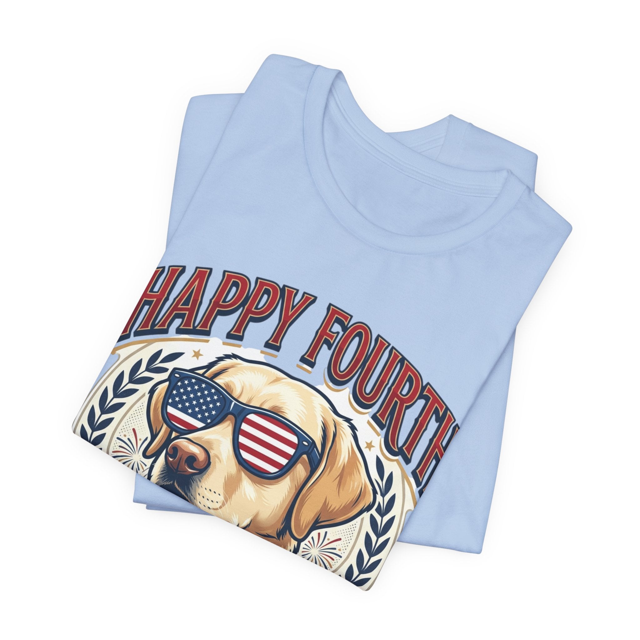 Happy Fourth Dog Sunglasses T-Shirt | Patriotic Labrador 4th of July Tee
