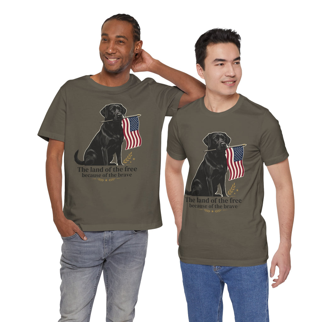 Black Labrador Holding American Flag T-Shirt | The Land of the Free Tee