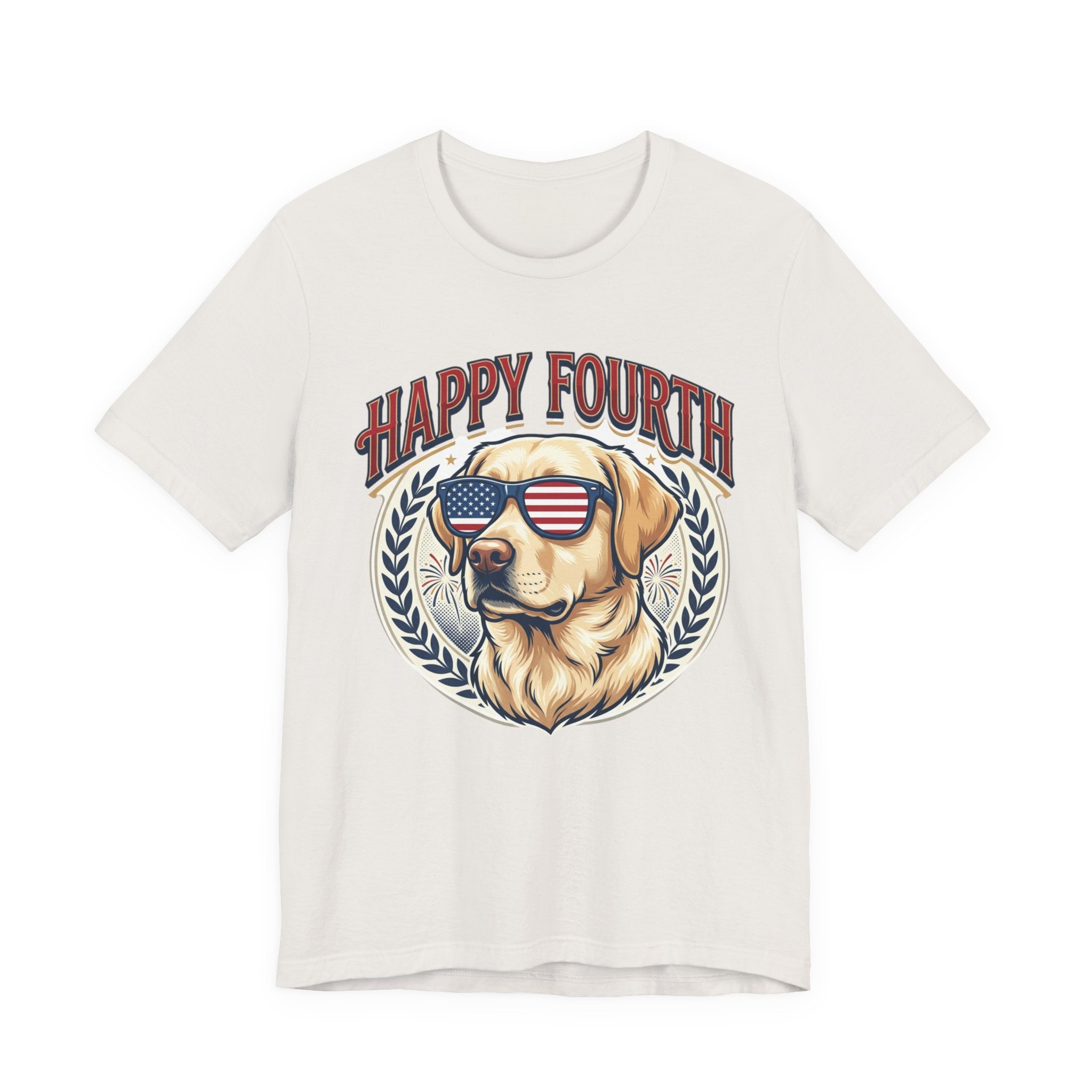Happy Fourth Dog Sunglasses T-Shirt | Patriotic Labrador 4th of July Tee