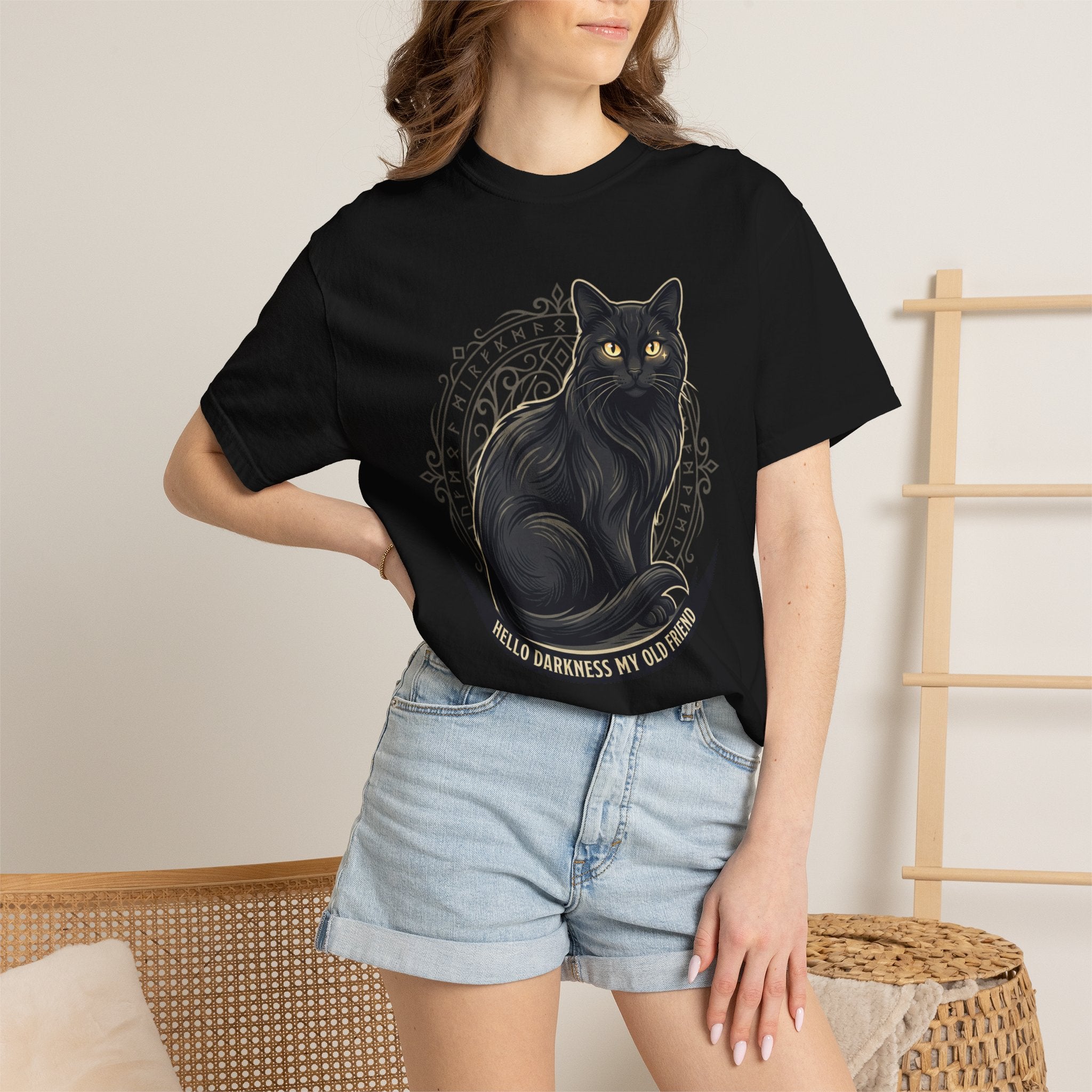 Hello Darkness My Old Friend black cat T-Shirt | Gothic Cat Tee