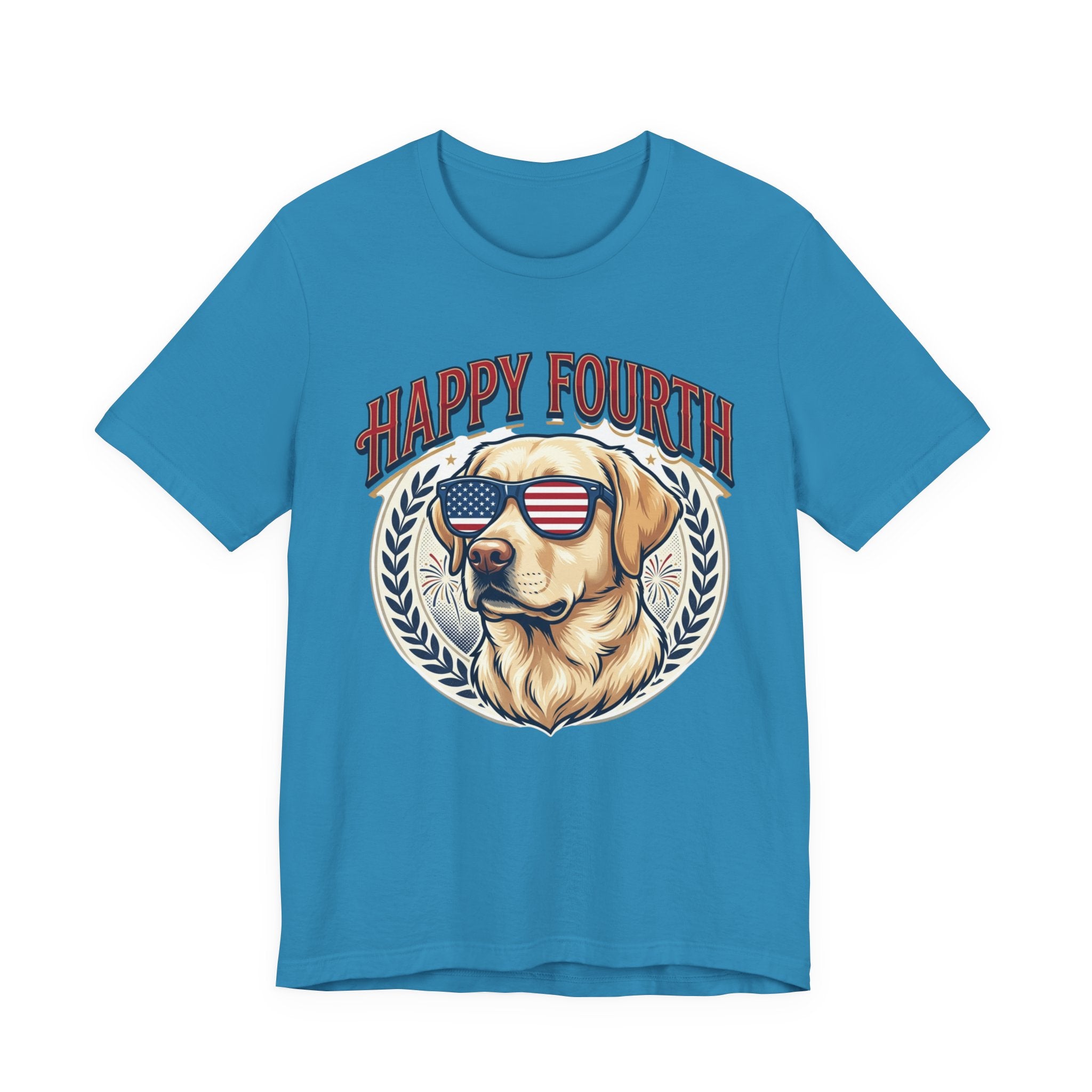 Happy Fourth Dog Sunglasses T-Shirt | Patriotic Labrador 4th of July Tee