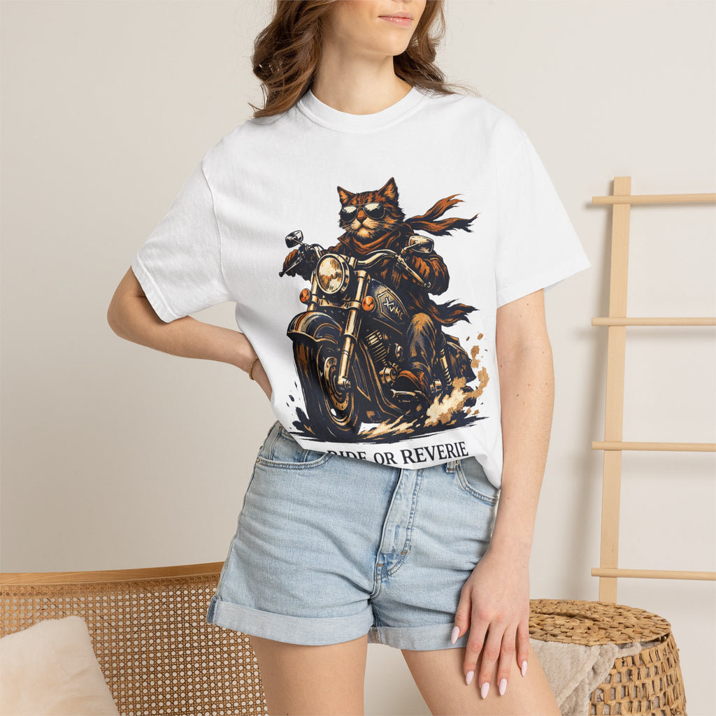 Ride or Reverie Cat Biker T-Shirt | Motorcycle Cat Illustration