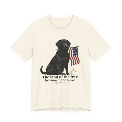 Black Labrador Holding American Flag T-Shirt | The Land of the Free Tee