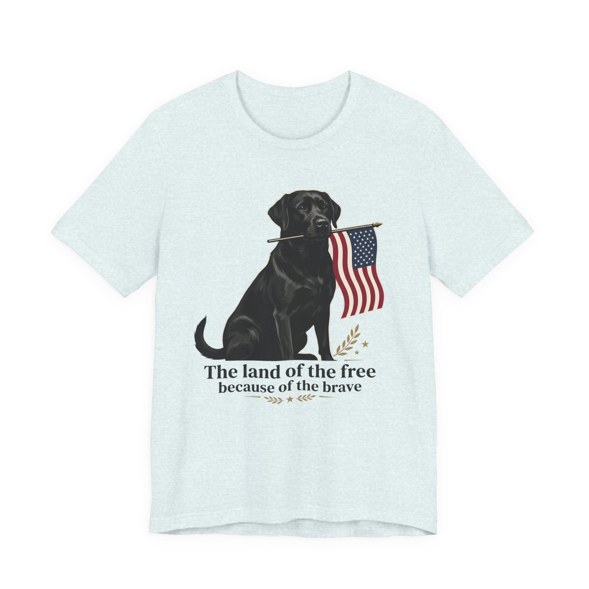 Black Labrador Holding American Flag T-Shirt | The Land of the Free Tee