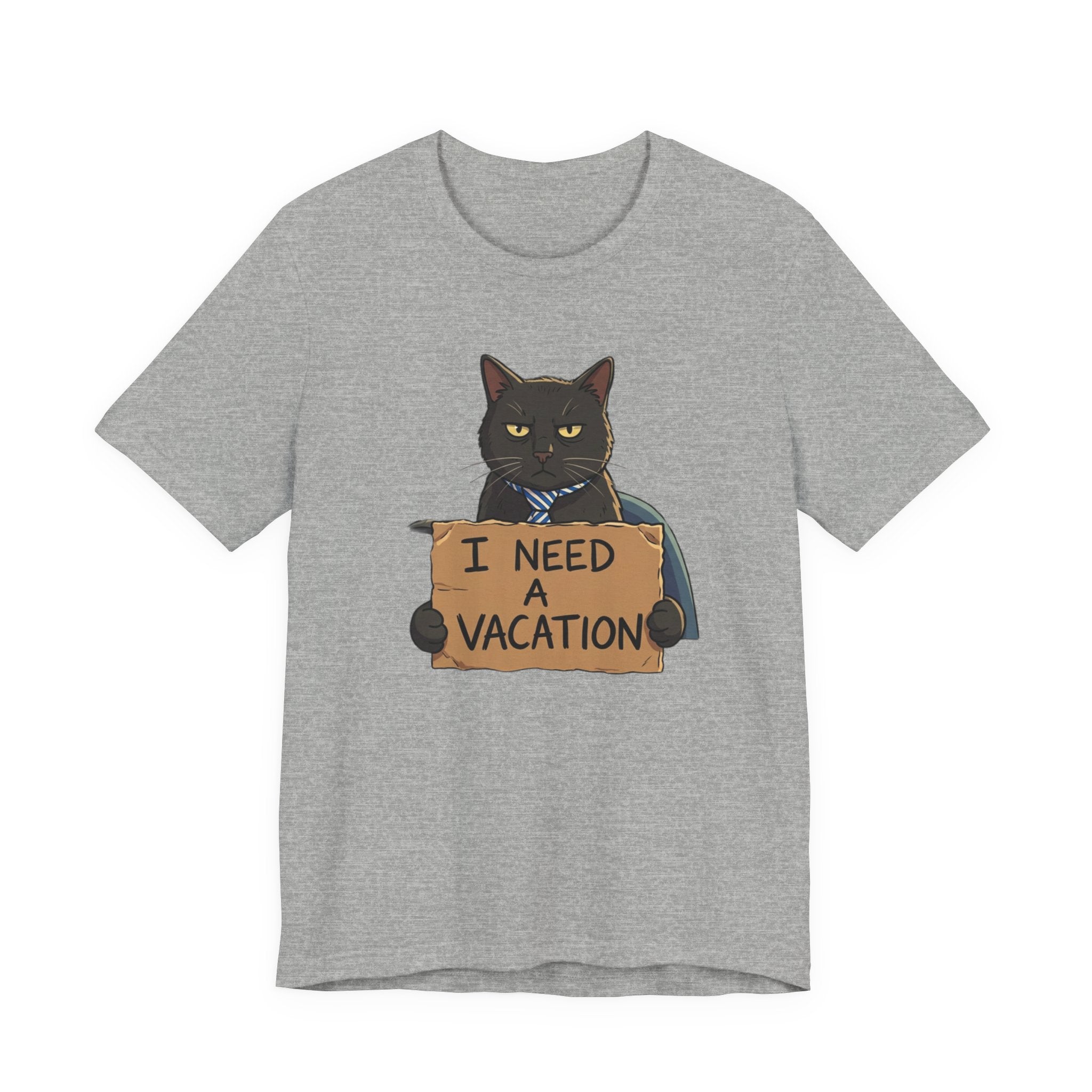Black Cat Holding 'I Need a Vacation' Tee | Funny Cat Shirt