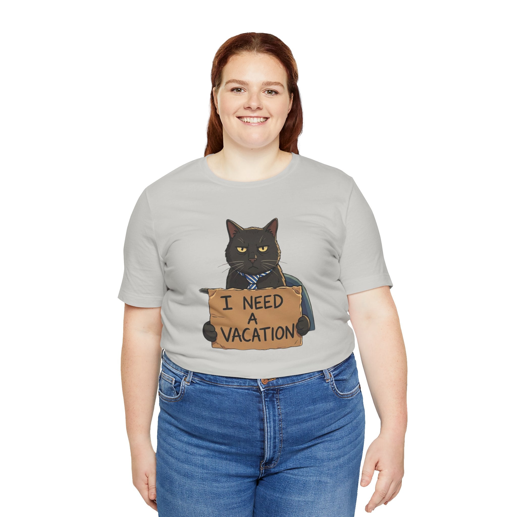 Black Cat Holding 'I Need a Vacation' Tee | Funny Cat Shirt