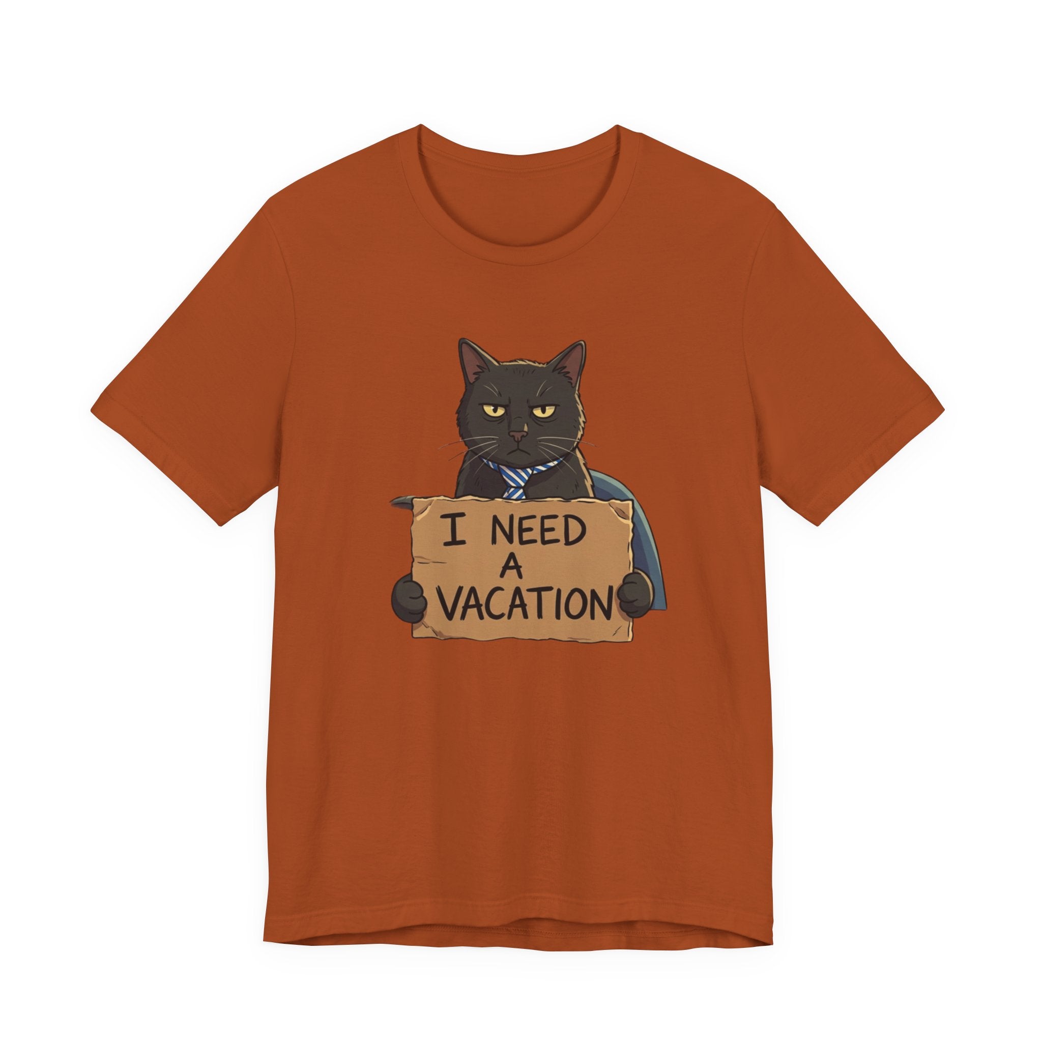 Black Cat Holding 'I Need a Vacation' Tee | Funny Cat Shirt
