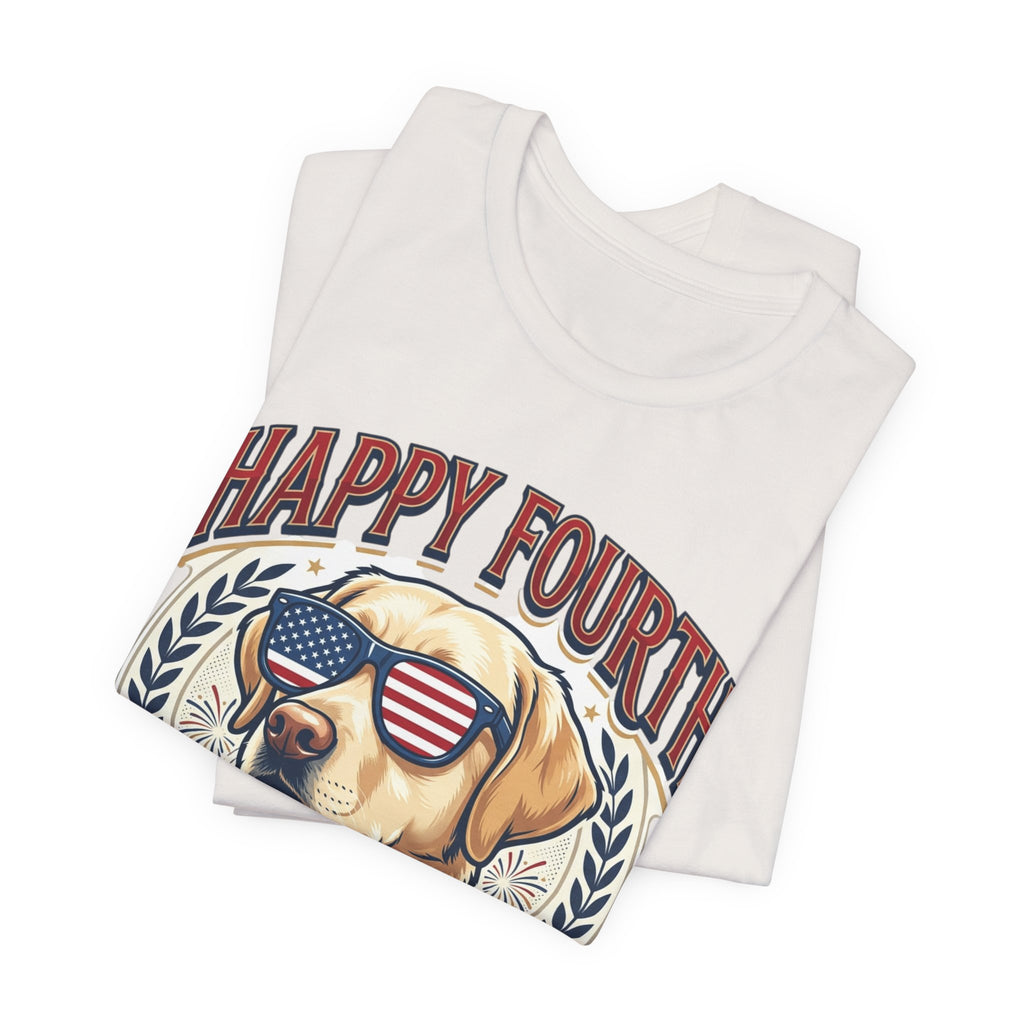 Happy Fourth Dog Sunglasses T-Shirt | Patriotic Labrador 4th of July Tee