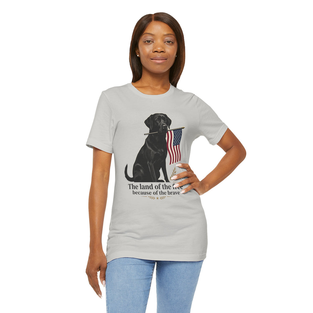 Black Labrador Holding American Flag T-Shirt | The Land of the Free Tee