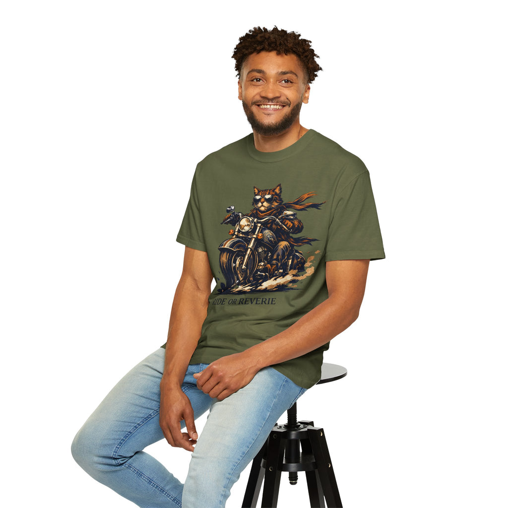Ride or Reverie Cat Biker T-Shirt | Motorcycle Cat Illustration
