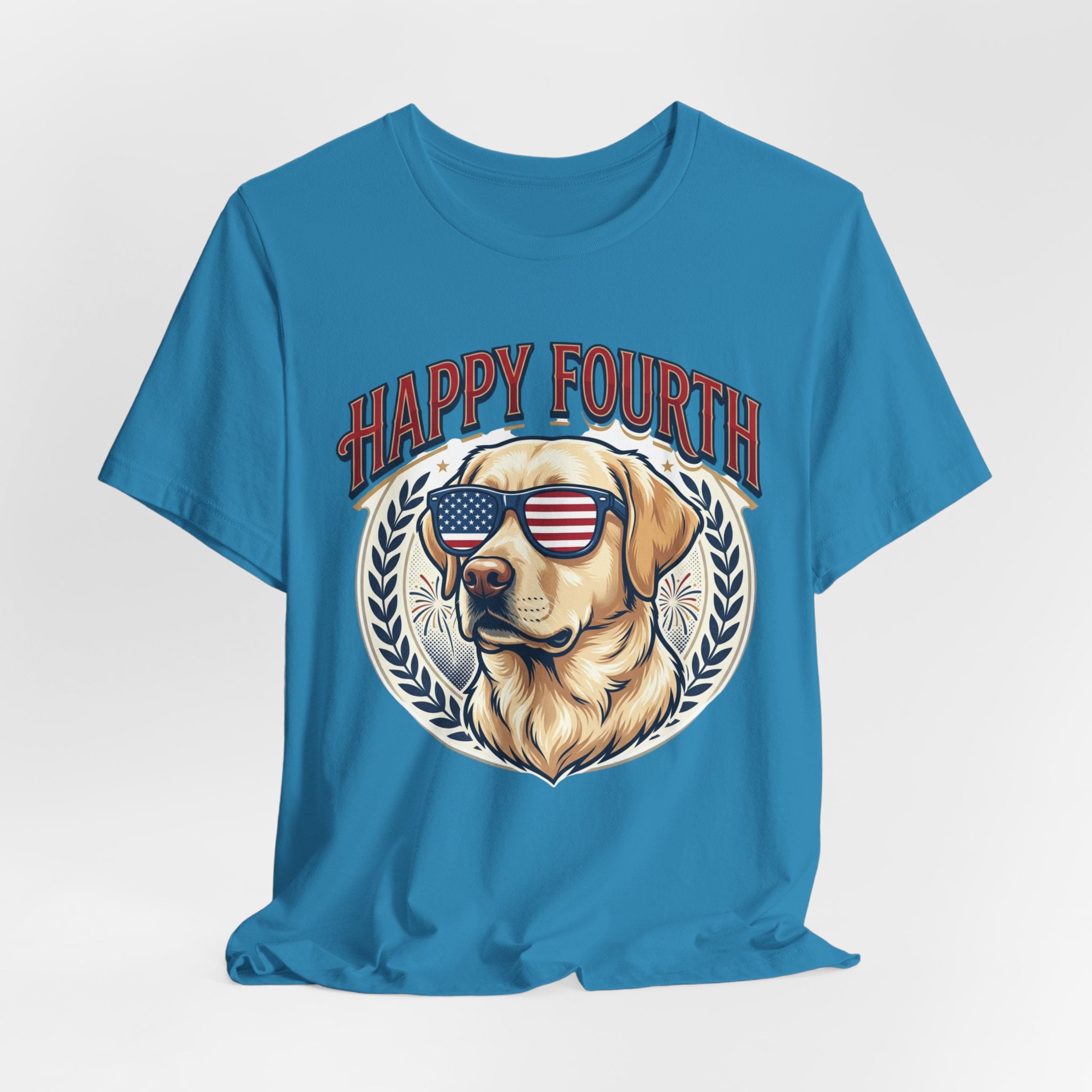 Happy Fourth Dog Sunglasses T-Shirt | Patriotic Labrador 4th of July Tee