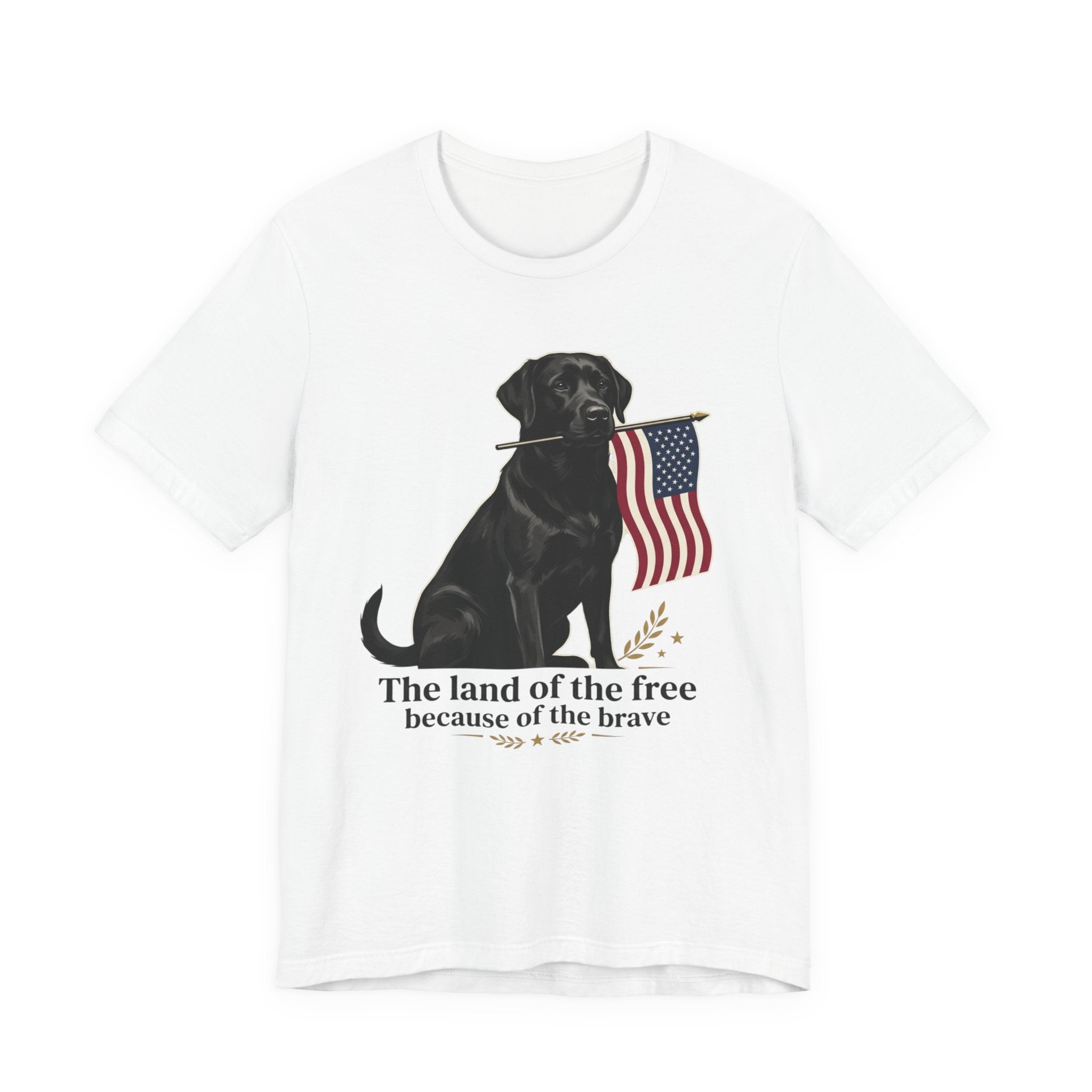 Black Labrador Holding American Flag T-Shirt | The Land of the Free Tee