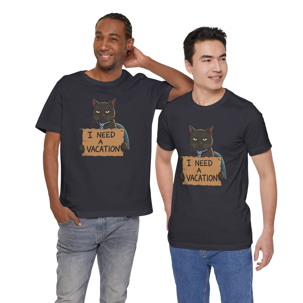 Black Cat Holding 'I Need a Vacation' Tee | Funny Cat Shirt