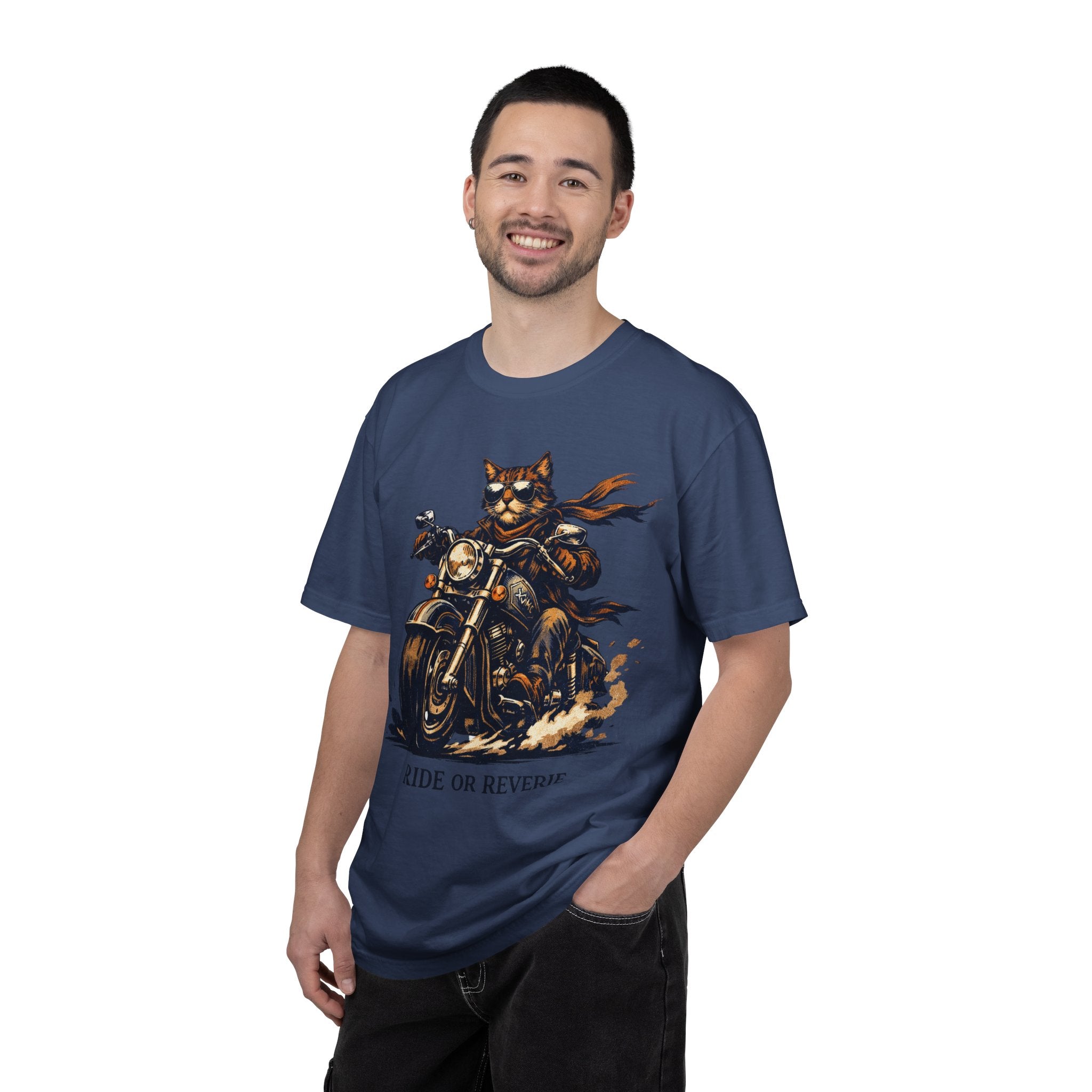 Ride or Reverie Cat Biker T-Shirt | Motorcycle Cat Illustration
