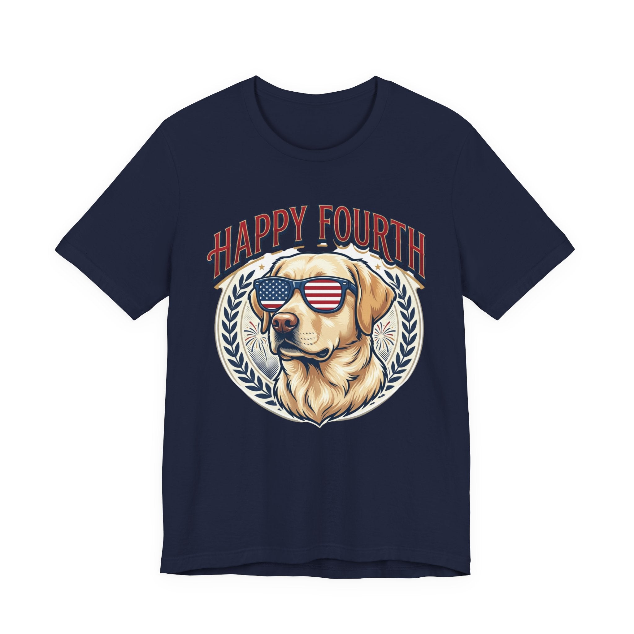 Happy Fourth Dog Sunglasses T-Shirt | Patriotic Labrador 4th of July Tee