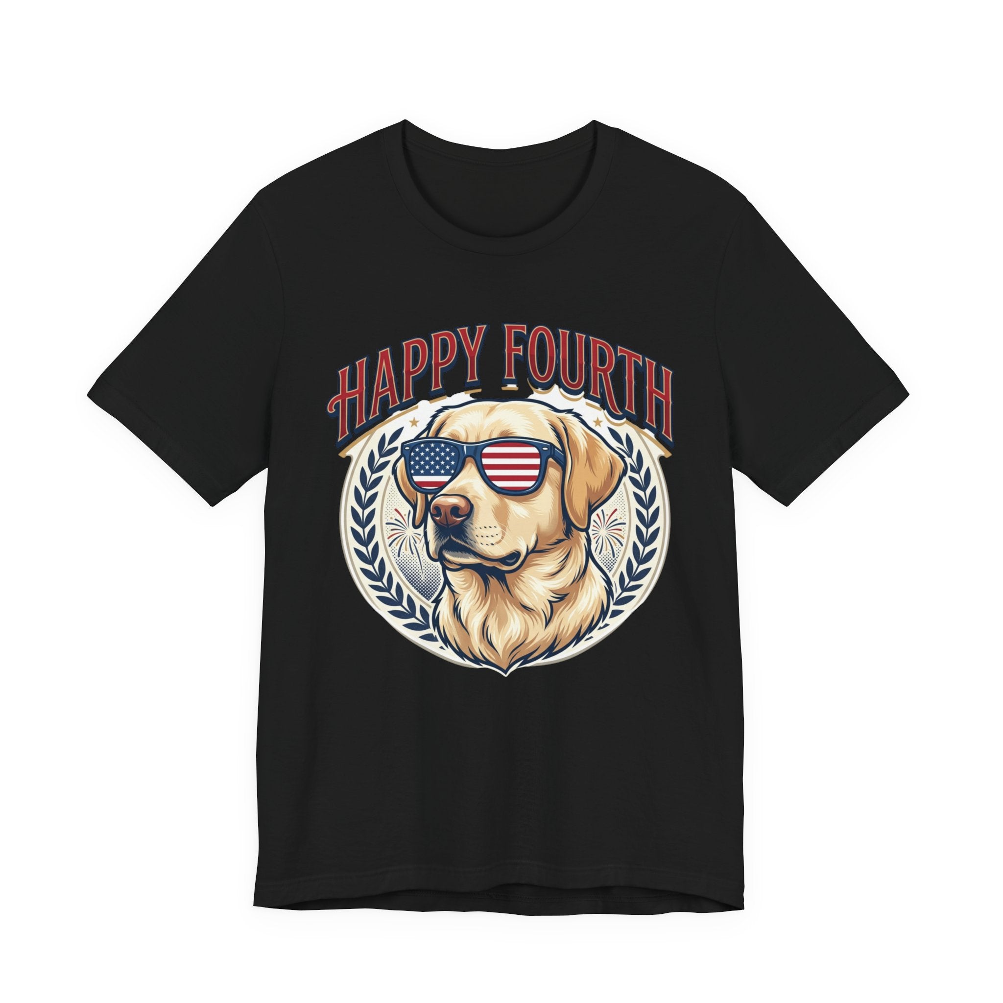 Happy Fourth Dog Sunglasses T-Shirt | Patriotic Labrador 4th of July Tee