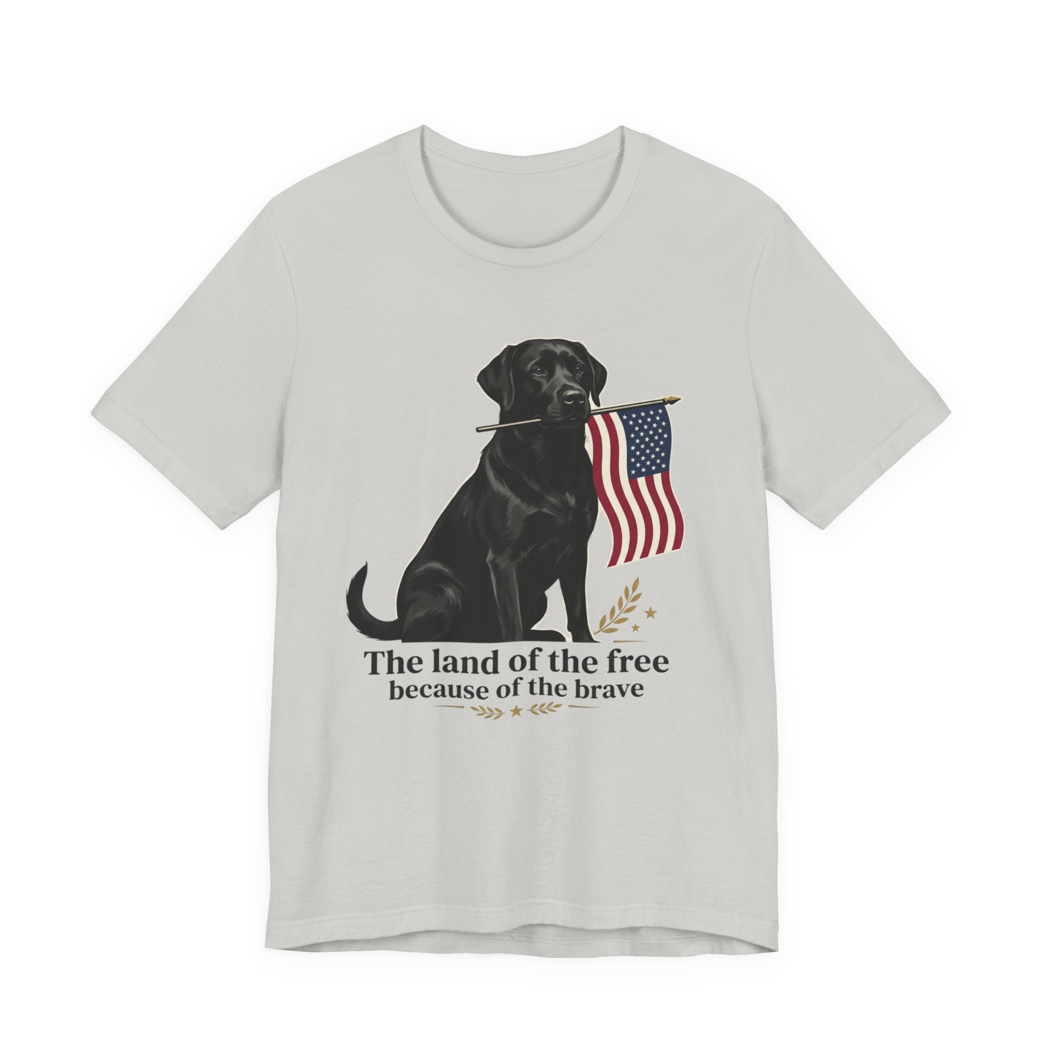 Black Labrador Holding American Flag T-Shirt | The Land of the Free Tee