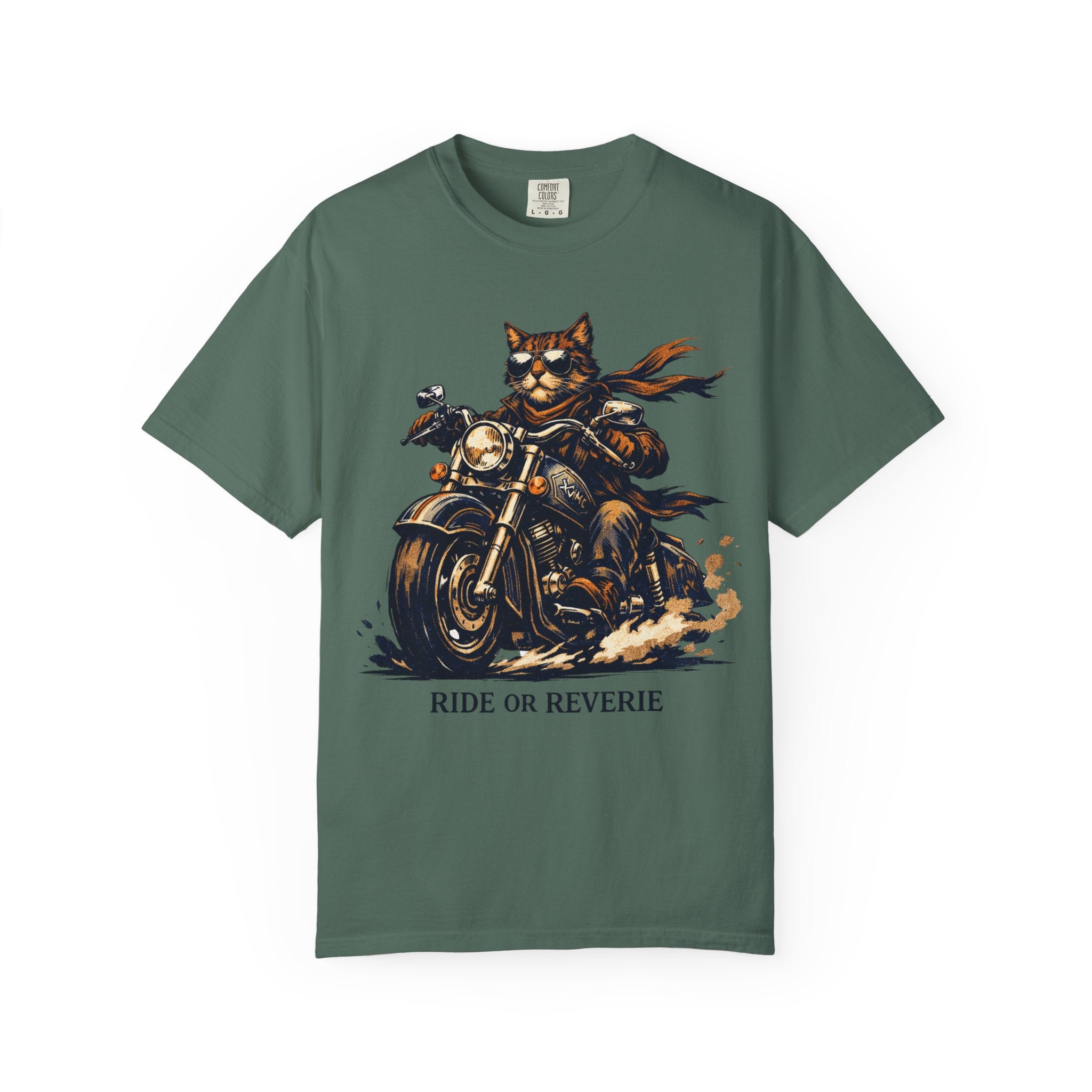 Ride or Reverie Cat Biker T-Shirt | Motorcycle Cat Illustration