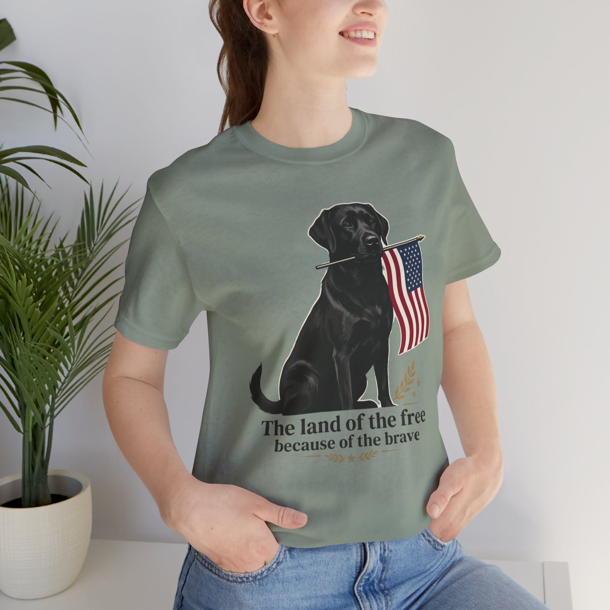 Black Labrador Holding American Flag T-Shirt | The Land of the Free Tee