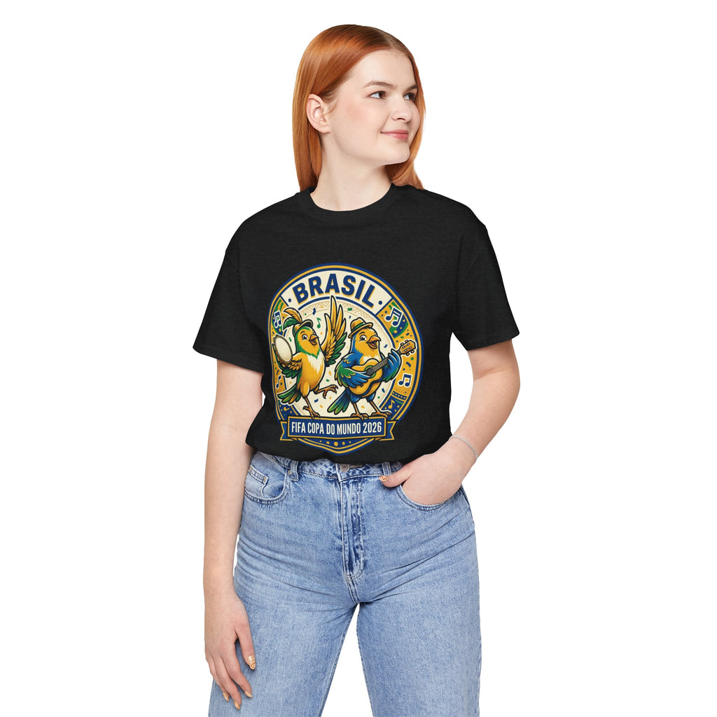 Unisex Jersey Short Sleeve Tee Brazilian canaries playing samba.