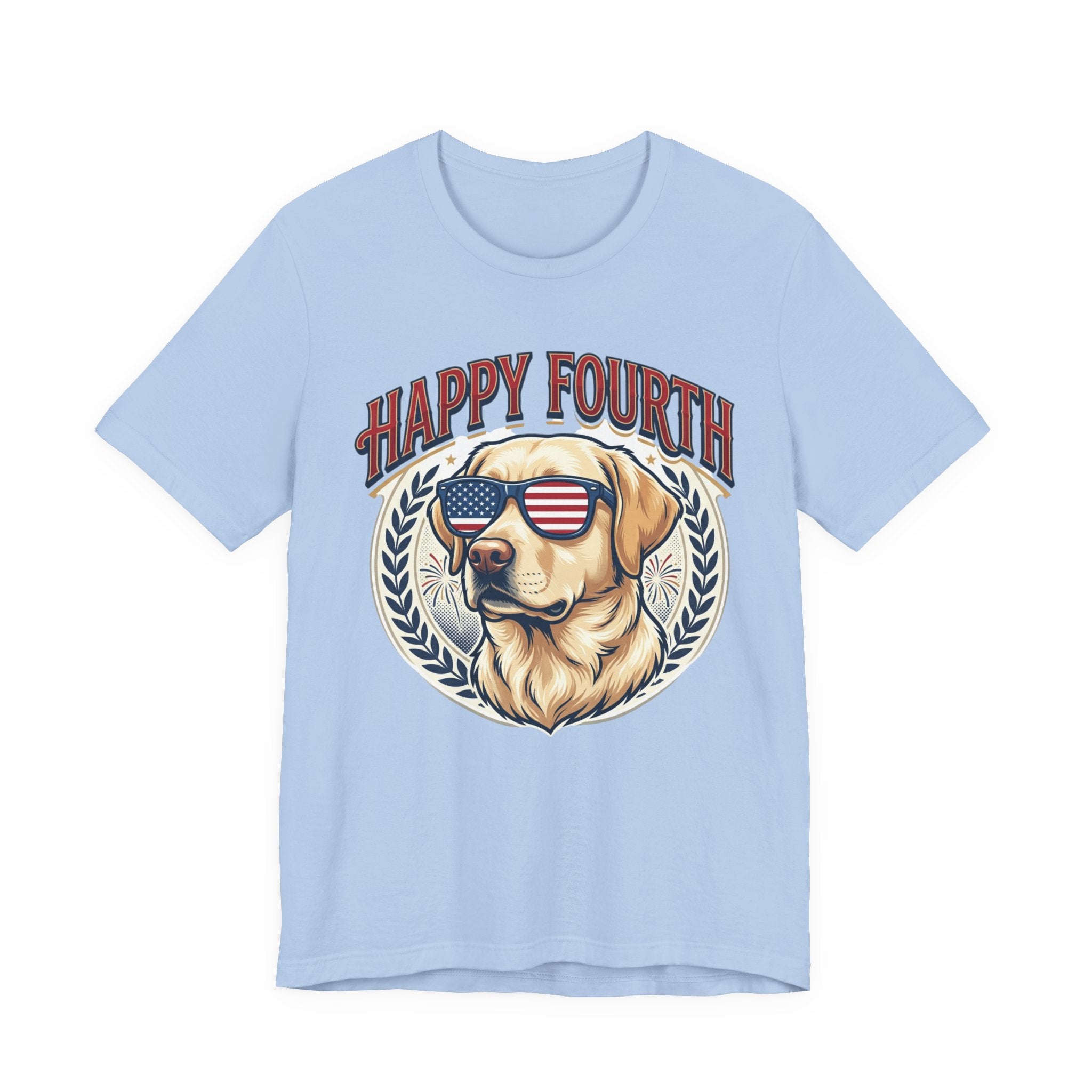 Happy Fourth Dog Sunglasses T-Shirt | Patriotic Labrador 4th of July Tee