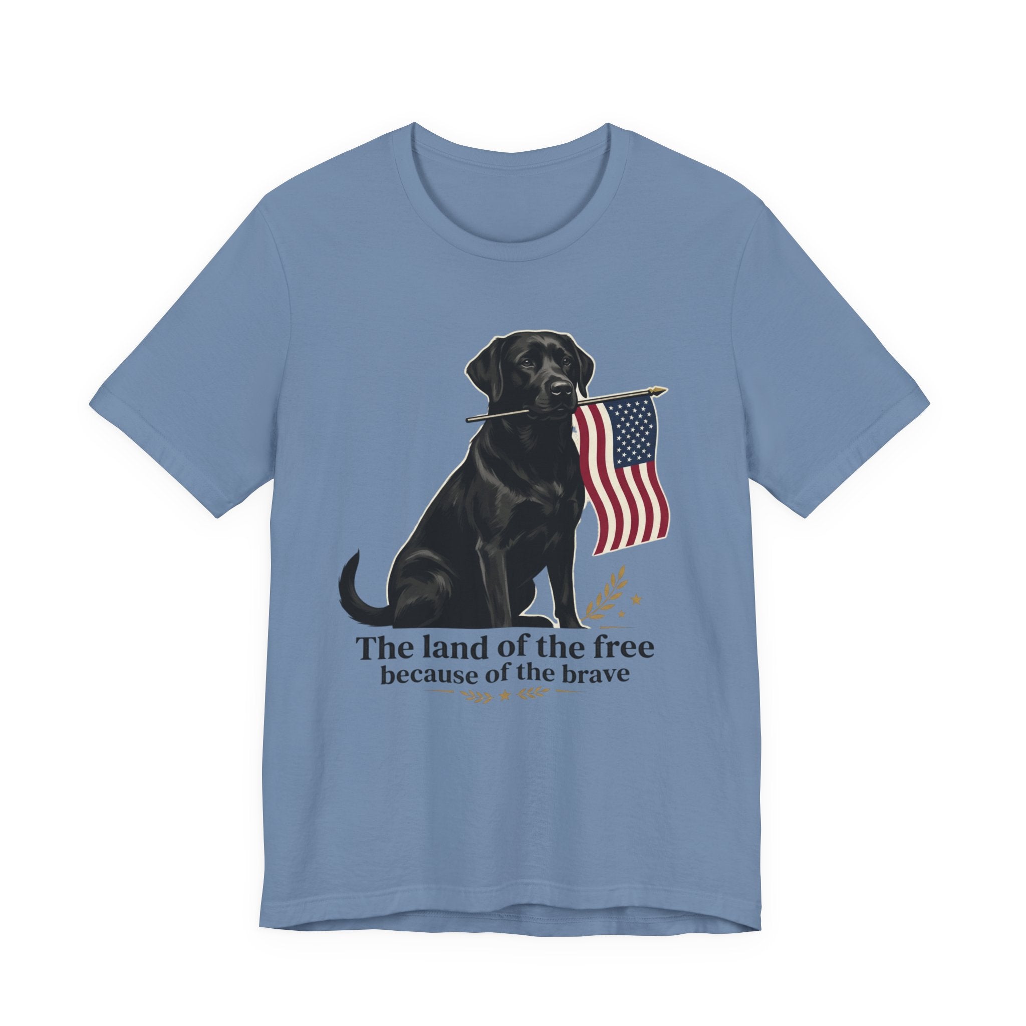 Black Labrador Holding American Flag T-Shirt | The Land of the Free Tee