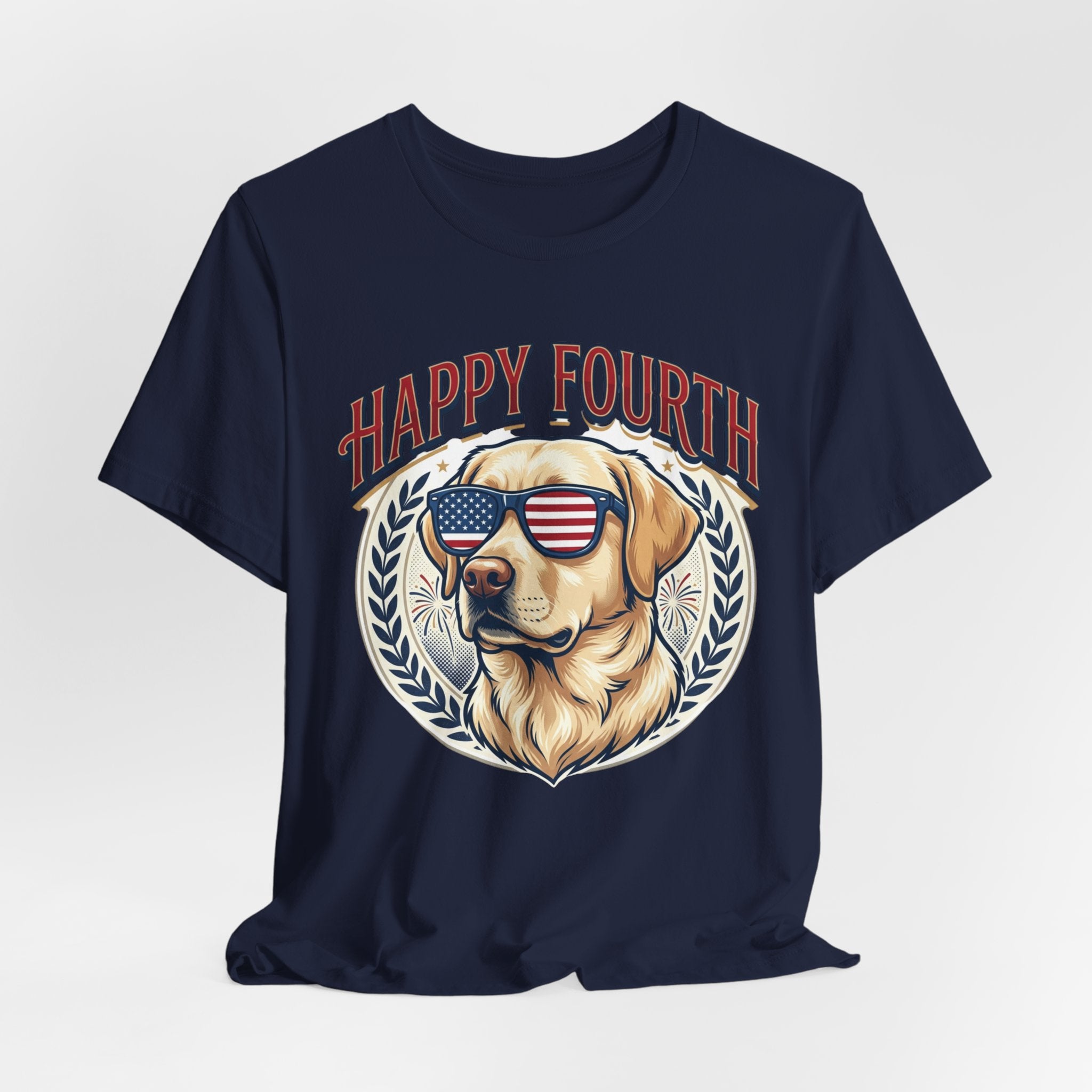 Happy Fourth Dog Sunglasses T-Shirt | Patriotic Labrador 4th of July Tee