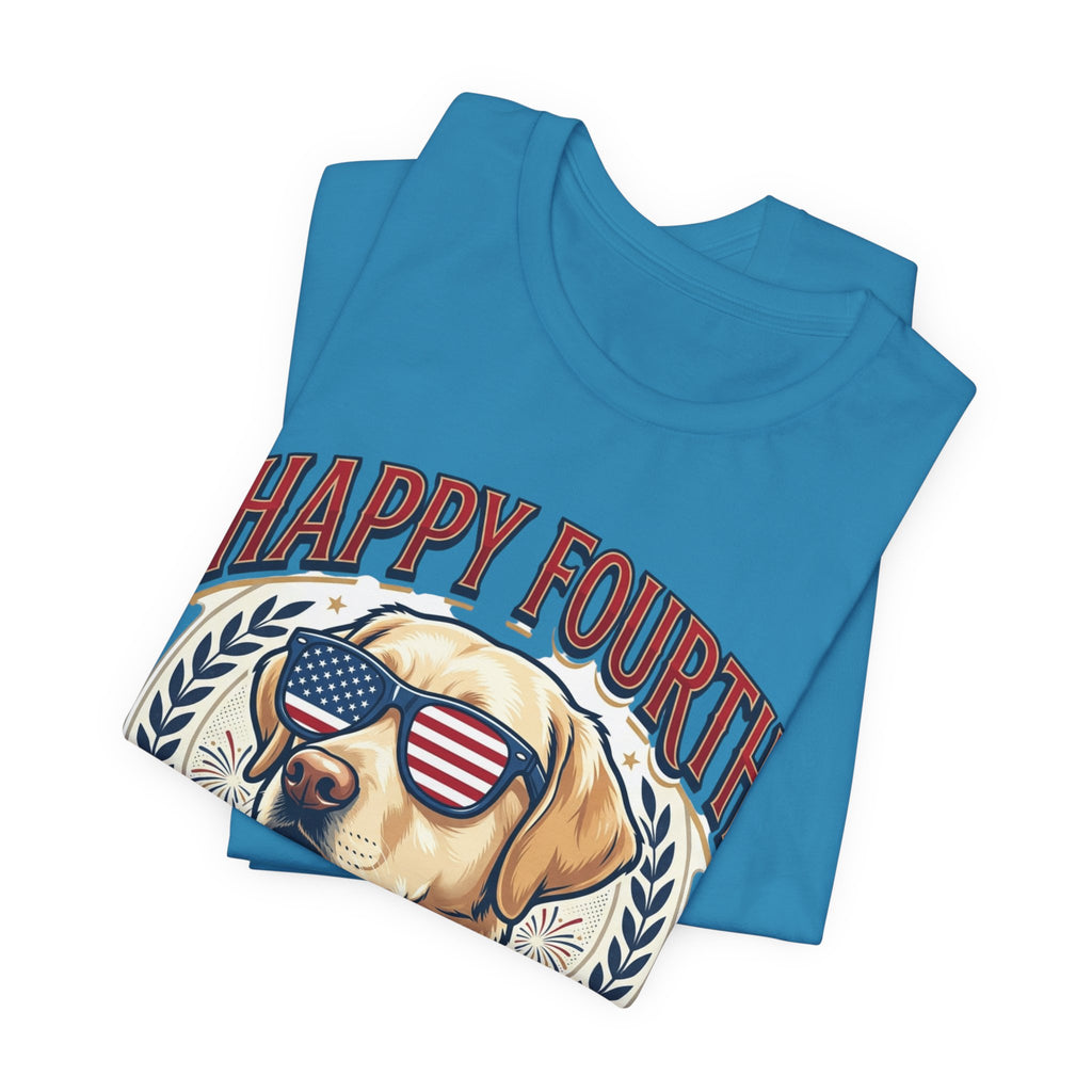 Happy Fourth Dog Sunglasses T-Shirt | Patriotic Labrador 4th of July Tee