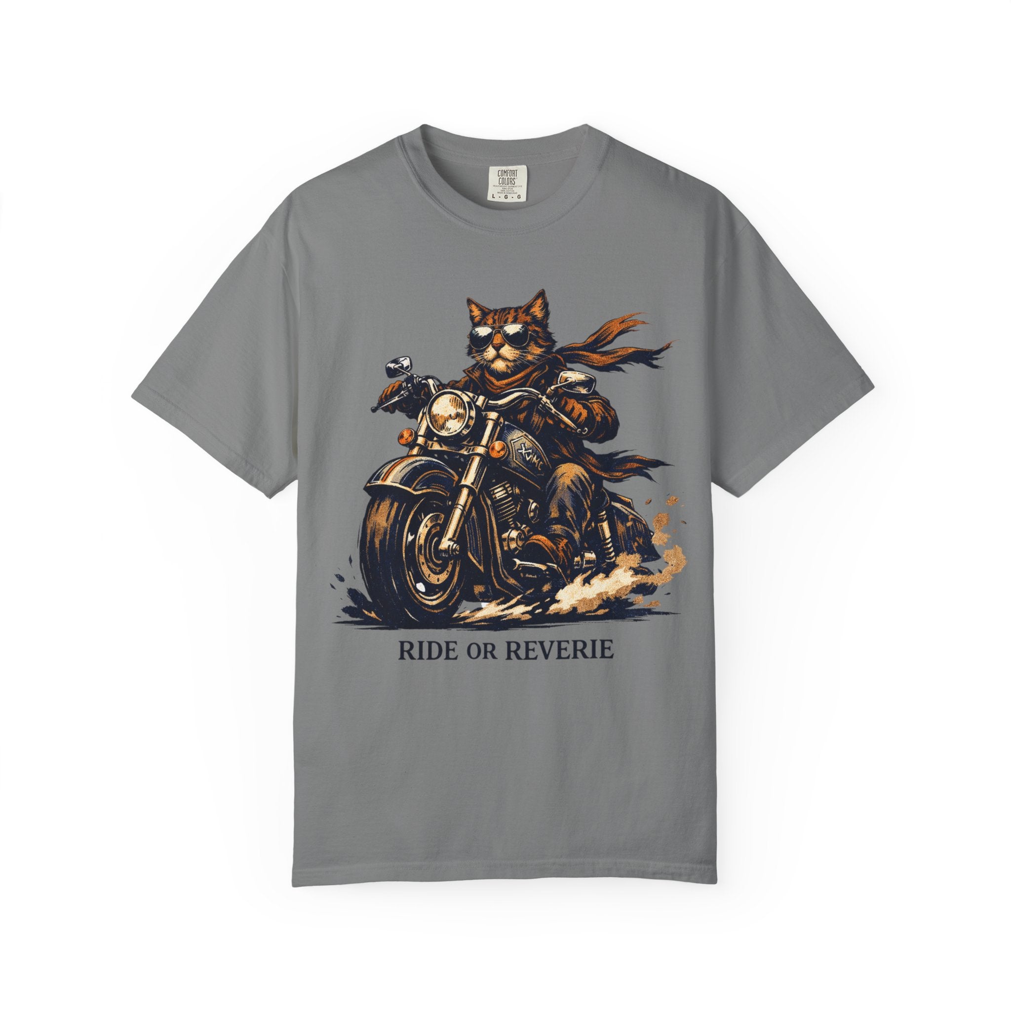 Ride or Reverie Cat Biker T-Shirt | Motorcycle Cat Illustration