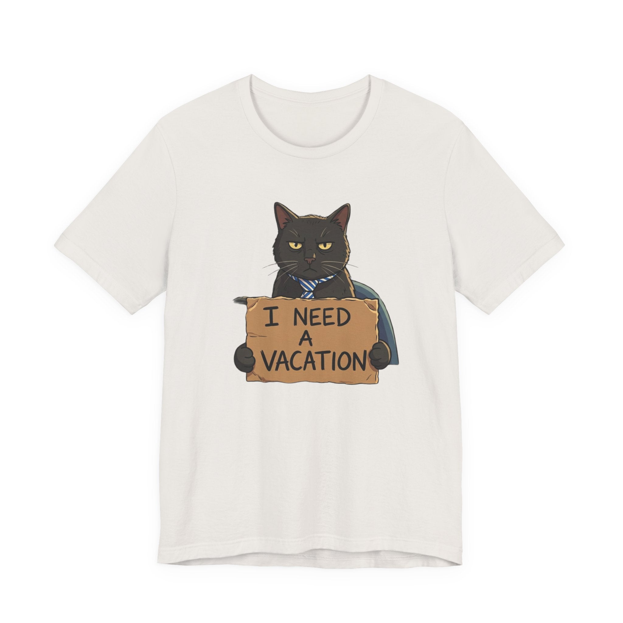 Black Cat Holding 'I Need a Vacation' Tee | Funny Cat Shirt