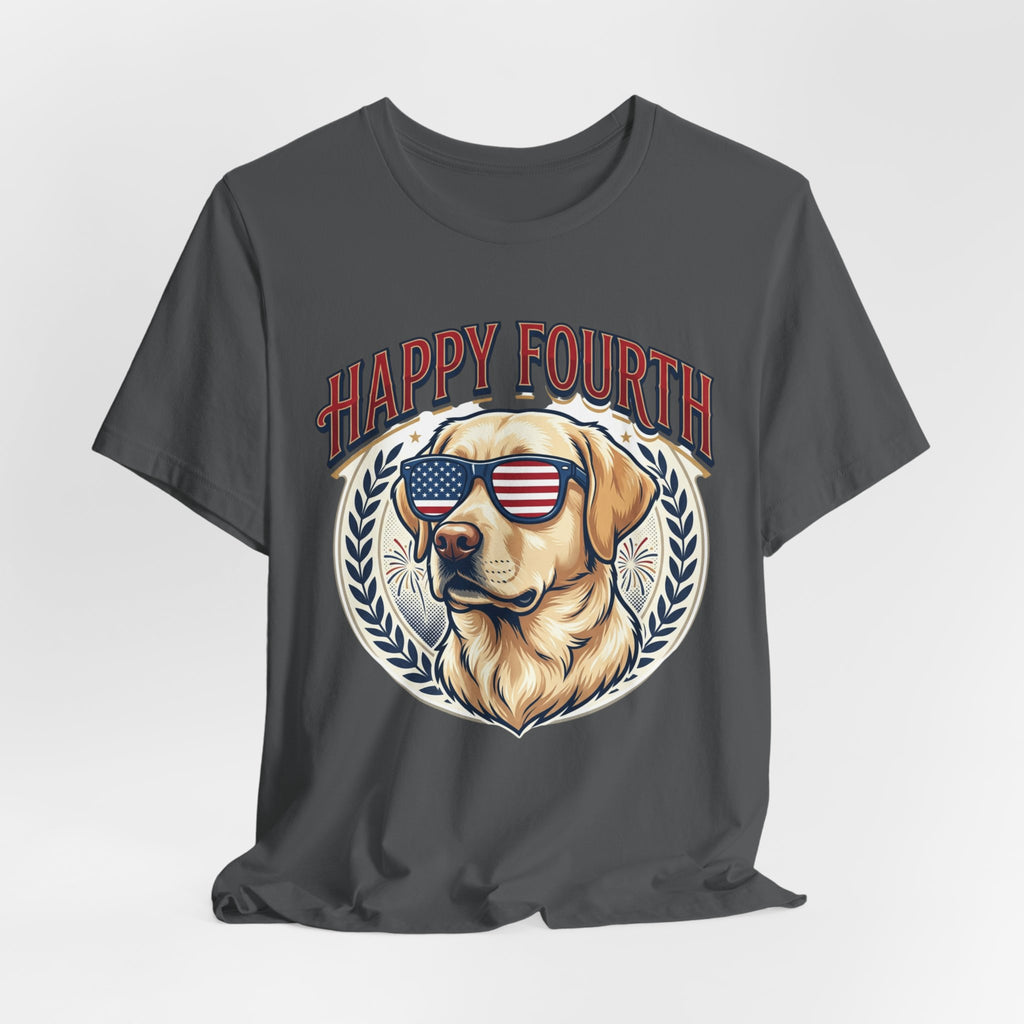 Happy Fourth Dog Sunglasses T-Shirt | Patriotic Labrador 4th of July Tee