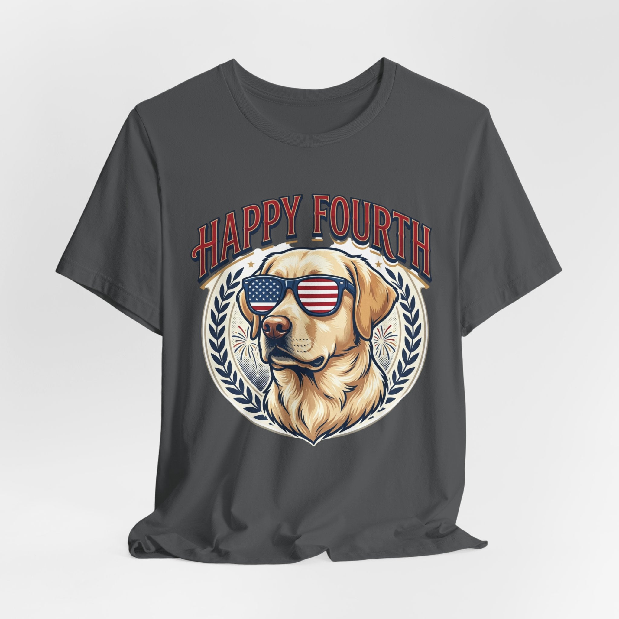 Happy Fourth Dog Sunglasses T-Shirt | Patriotic Labrador 4th of July Tee