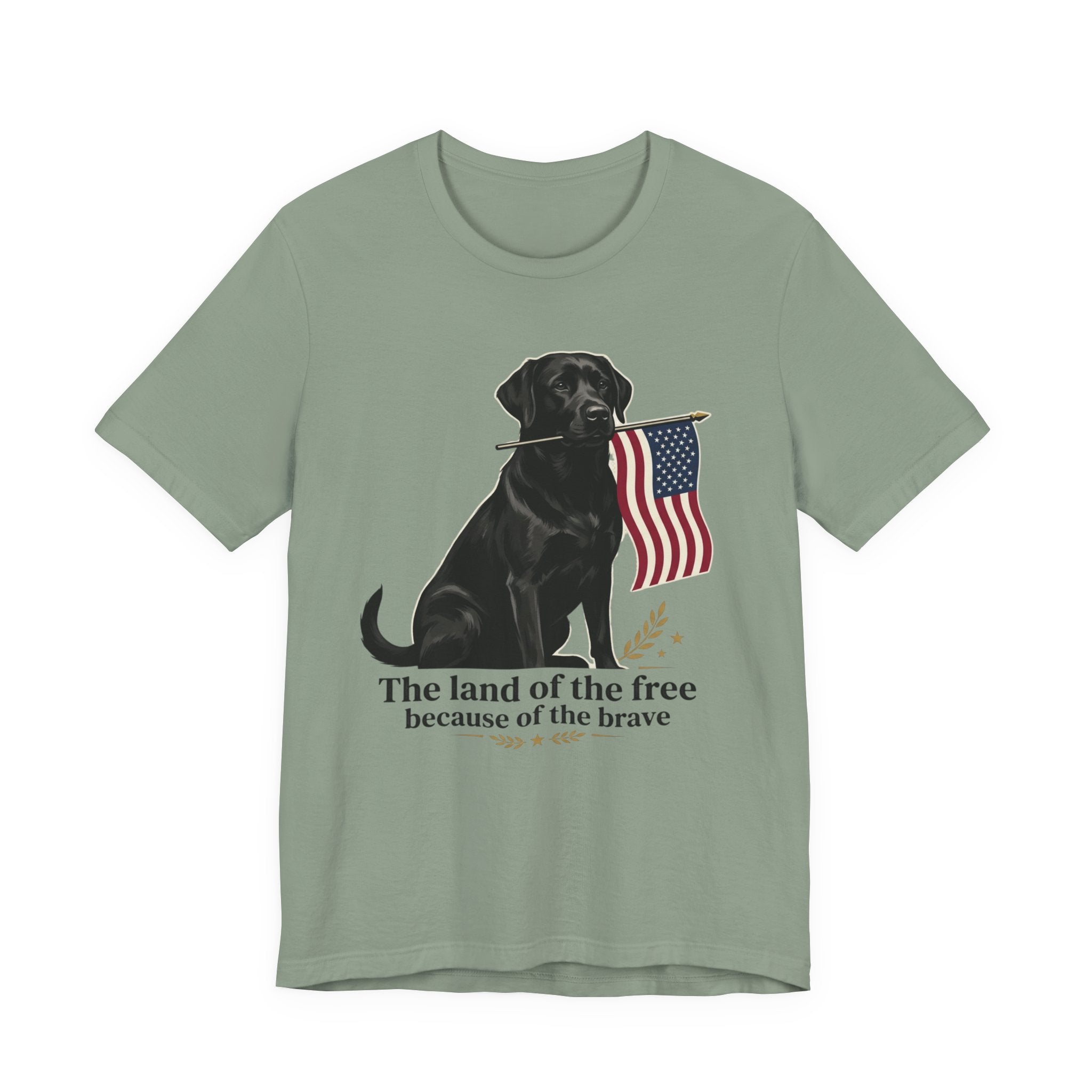 Black Labrador Holding American Flag T-Shirt | The Land of the Free Tee
