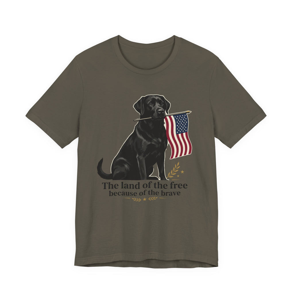 Black Labrador Holding American Flag T-Shirt | The Land of the Free Tee