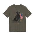 Black Labrador Holding American Flag T-Shirt | The Land of the Free Tee