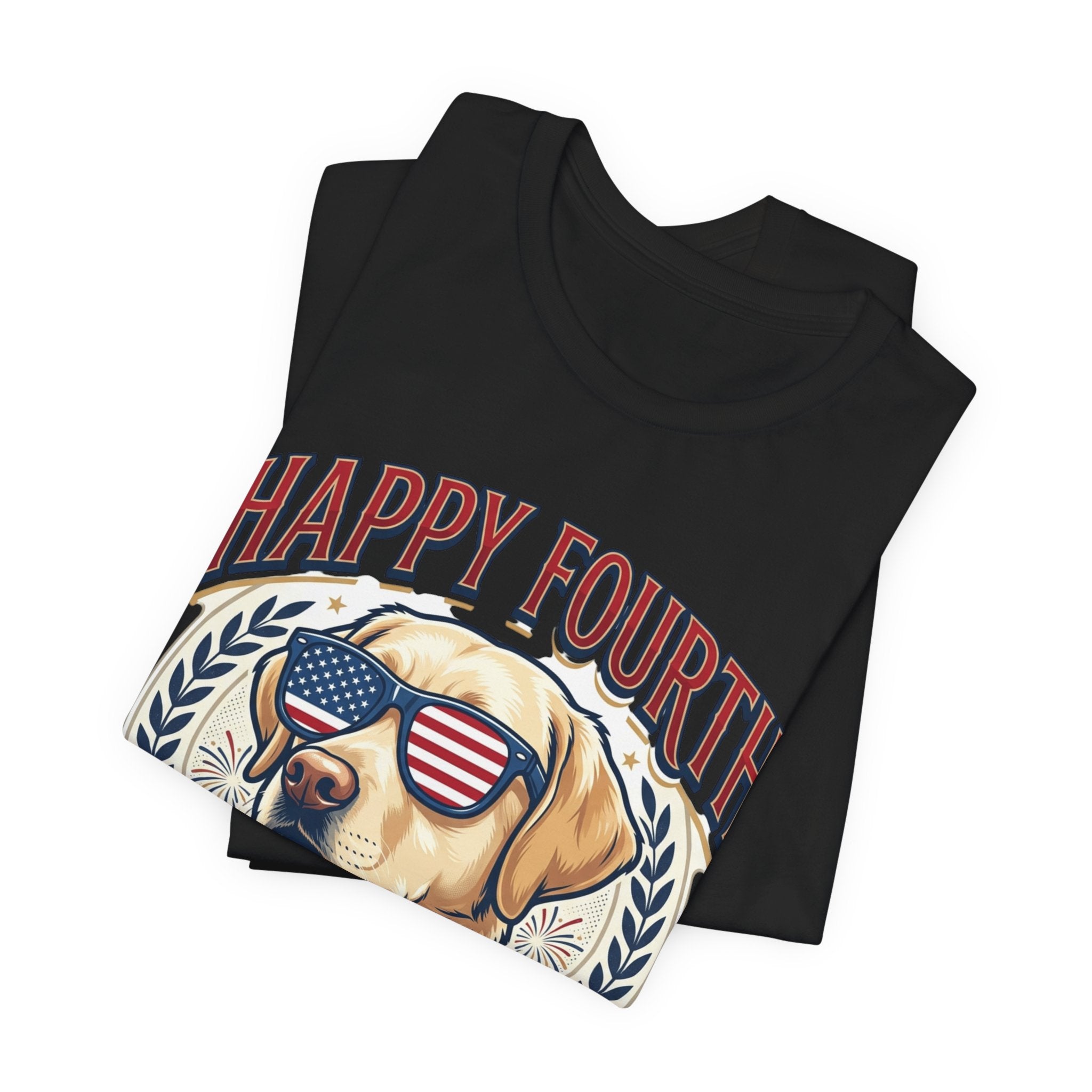 Happy Fourth Dog Sunglasses T-Shirt | Patriotic Labrador 4th of July Tee