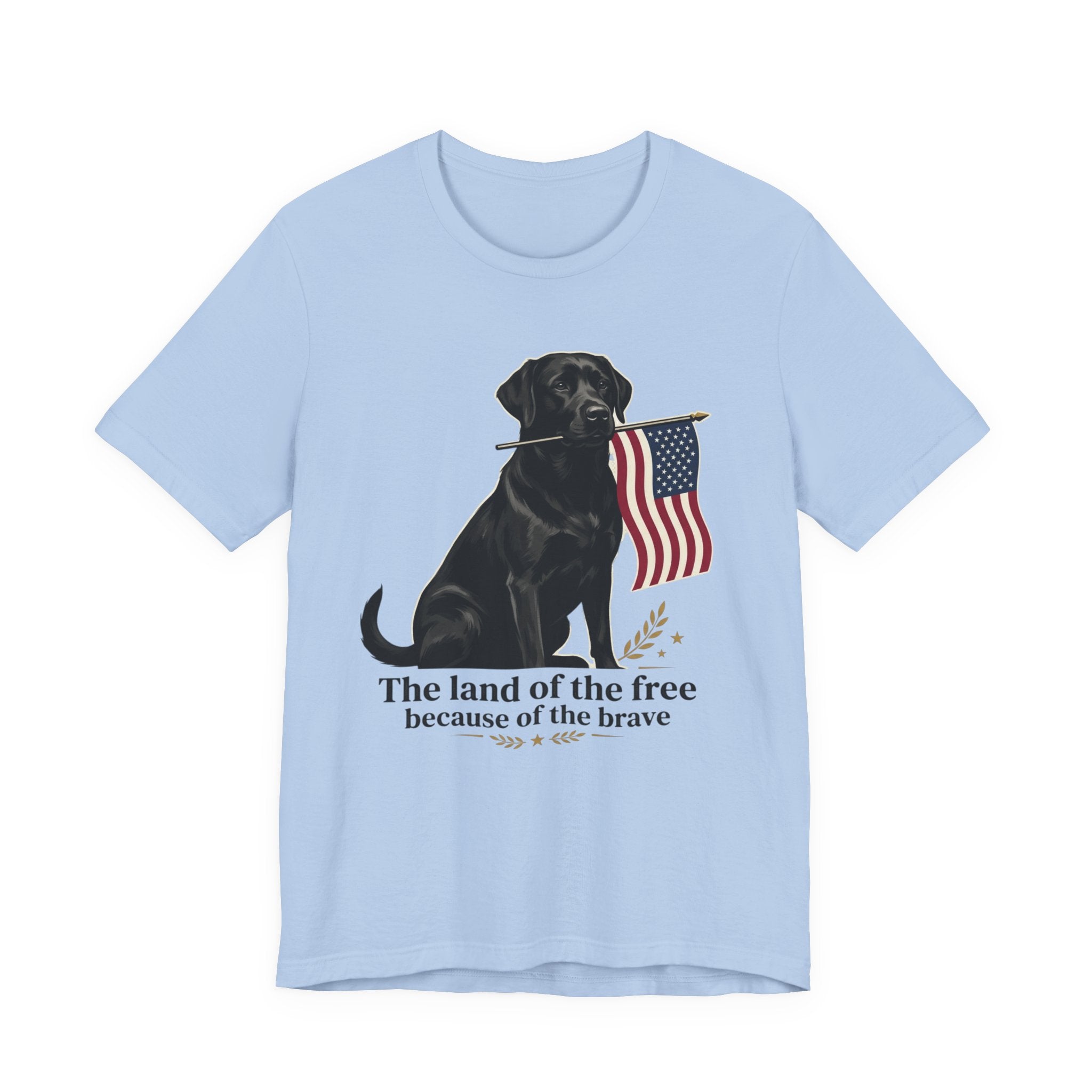 Black Labrador Holding American Flag T-Shirt | The Land of the Free Tee