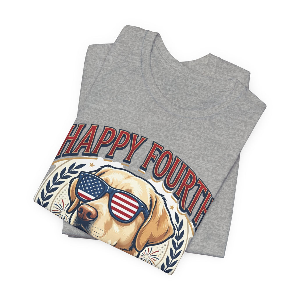 Happy Fourth Dog Sunglasses T-Shirt | Patriotic Labrador 4th of July Tee