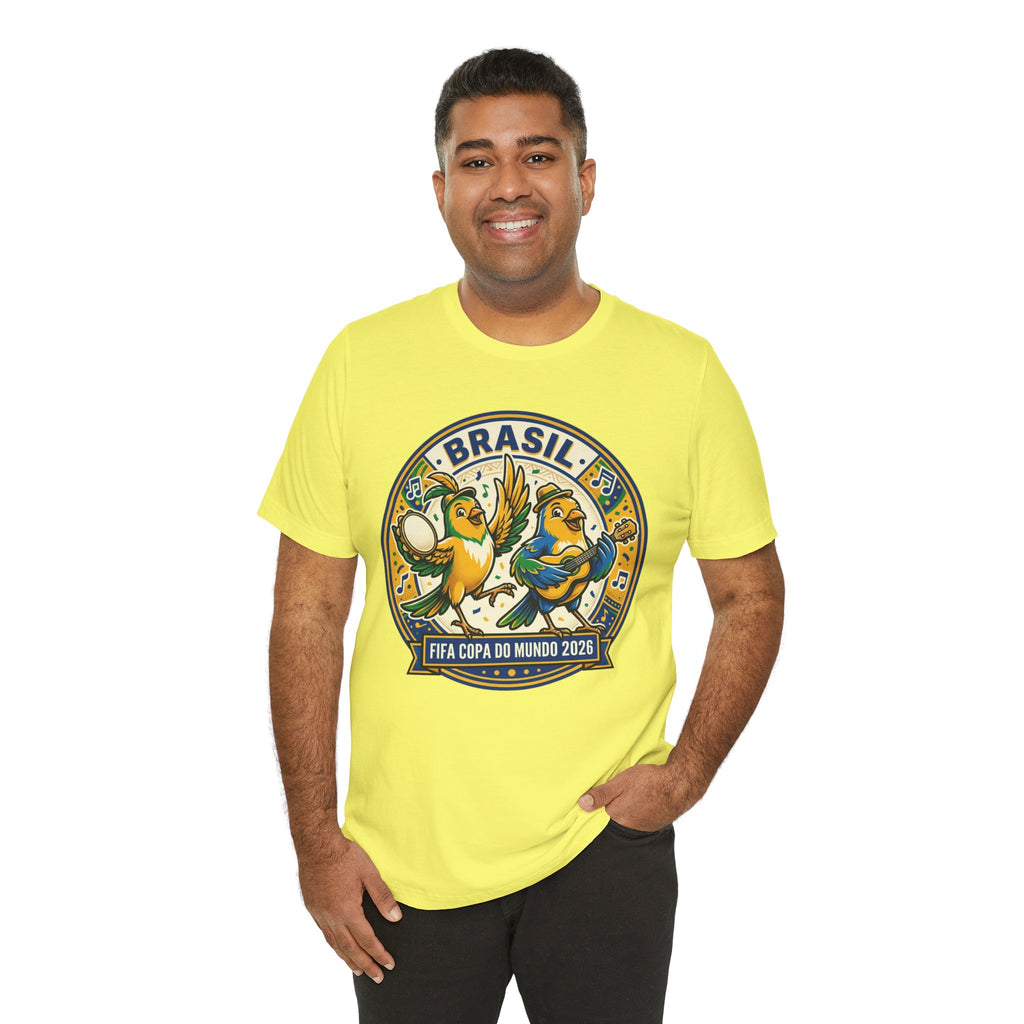 Unisex Jersey Short Sleeve Tee Brazilian canaries playing samba.