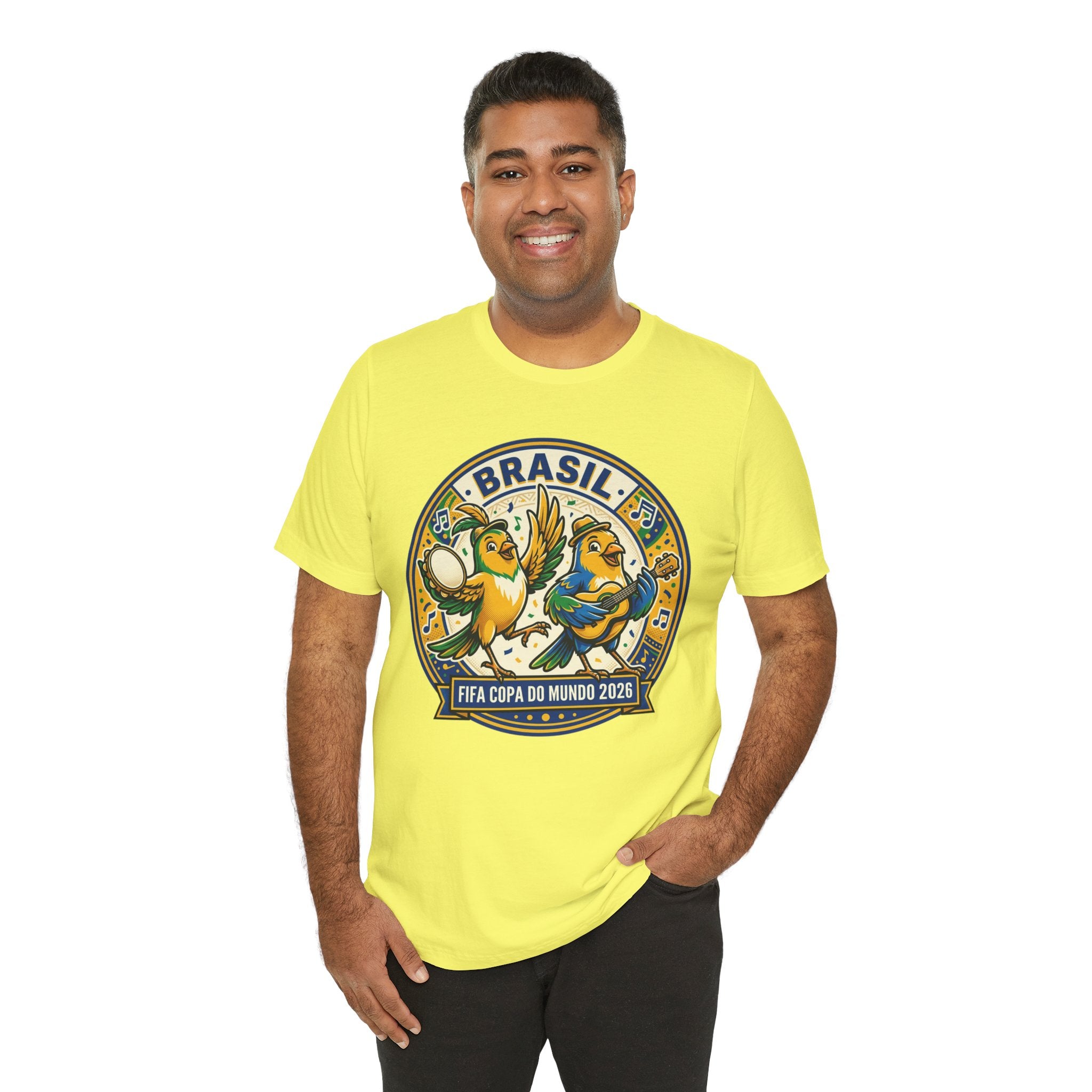 Unisex Jersey Short Sleeve Tee Brazilian canaries playing samba.