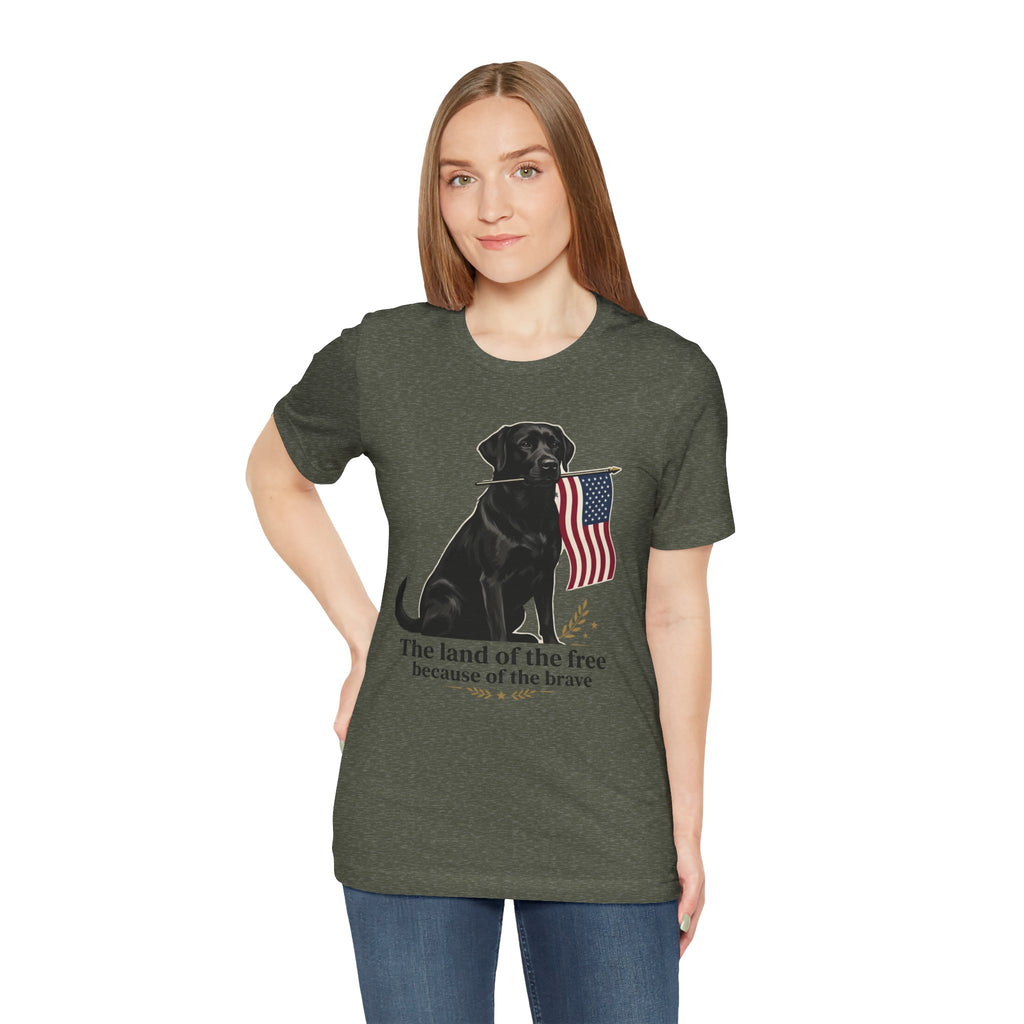 Black Labrador Holding American Flag T-Shirt | The Land of the Free Tee