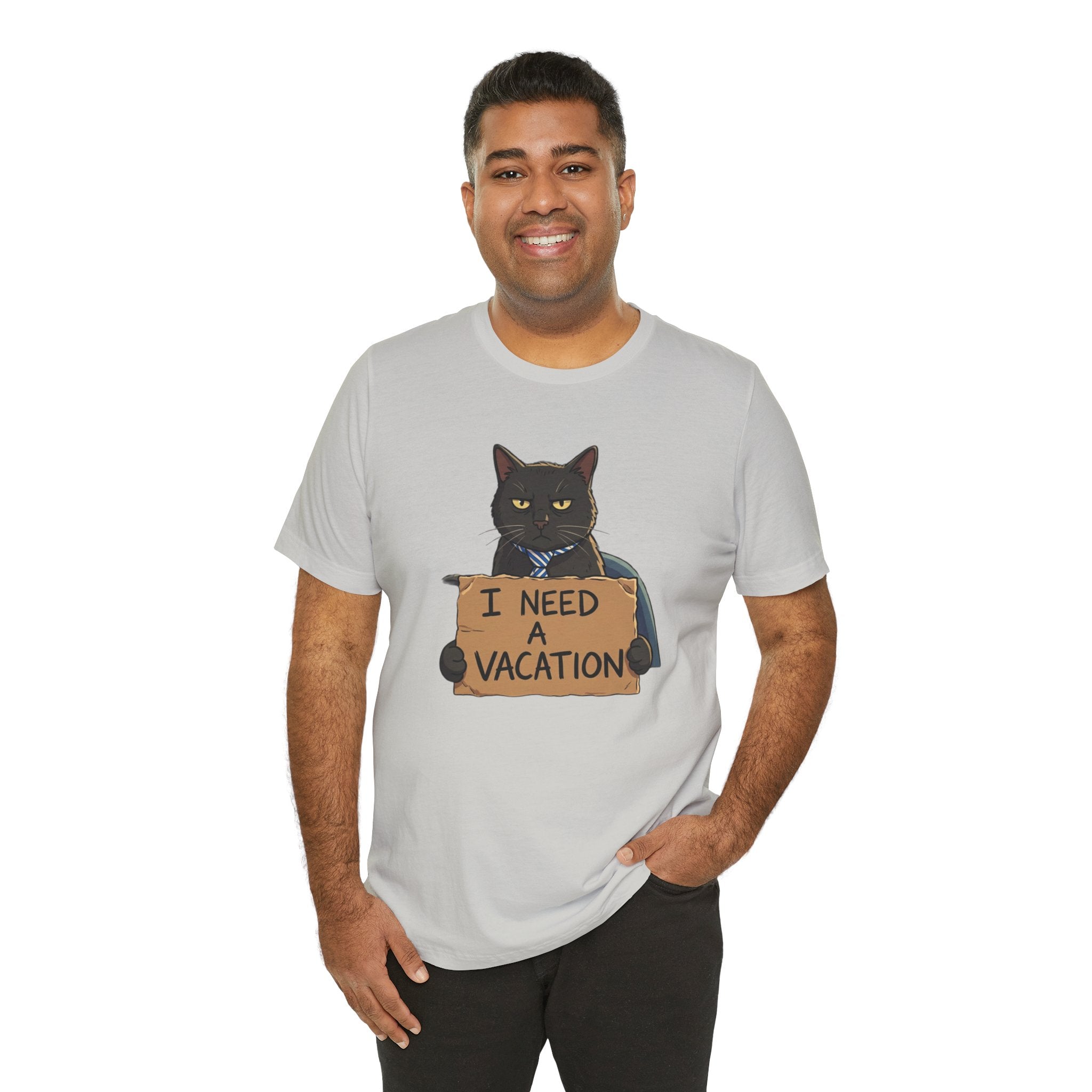 Black Cat Holding 'I Need a Vacation' Tee | Funny Cat Shirt